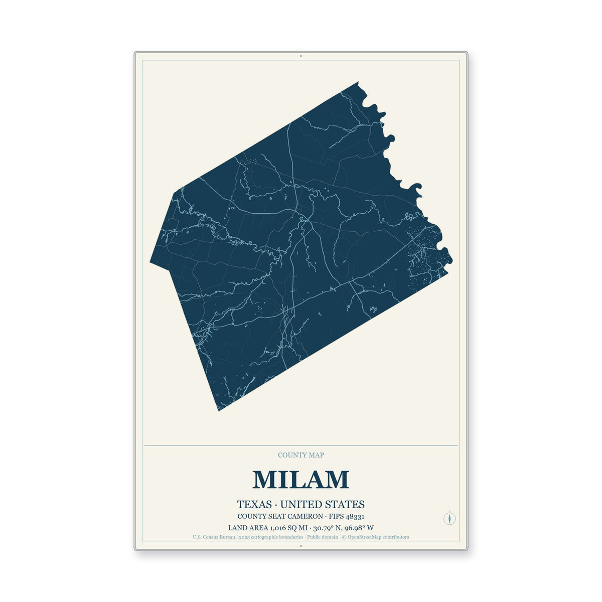 Milam County, Texas Map Aluminum Sign in Coastal Cutout style