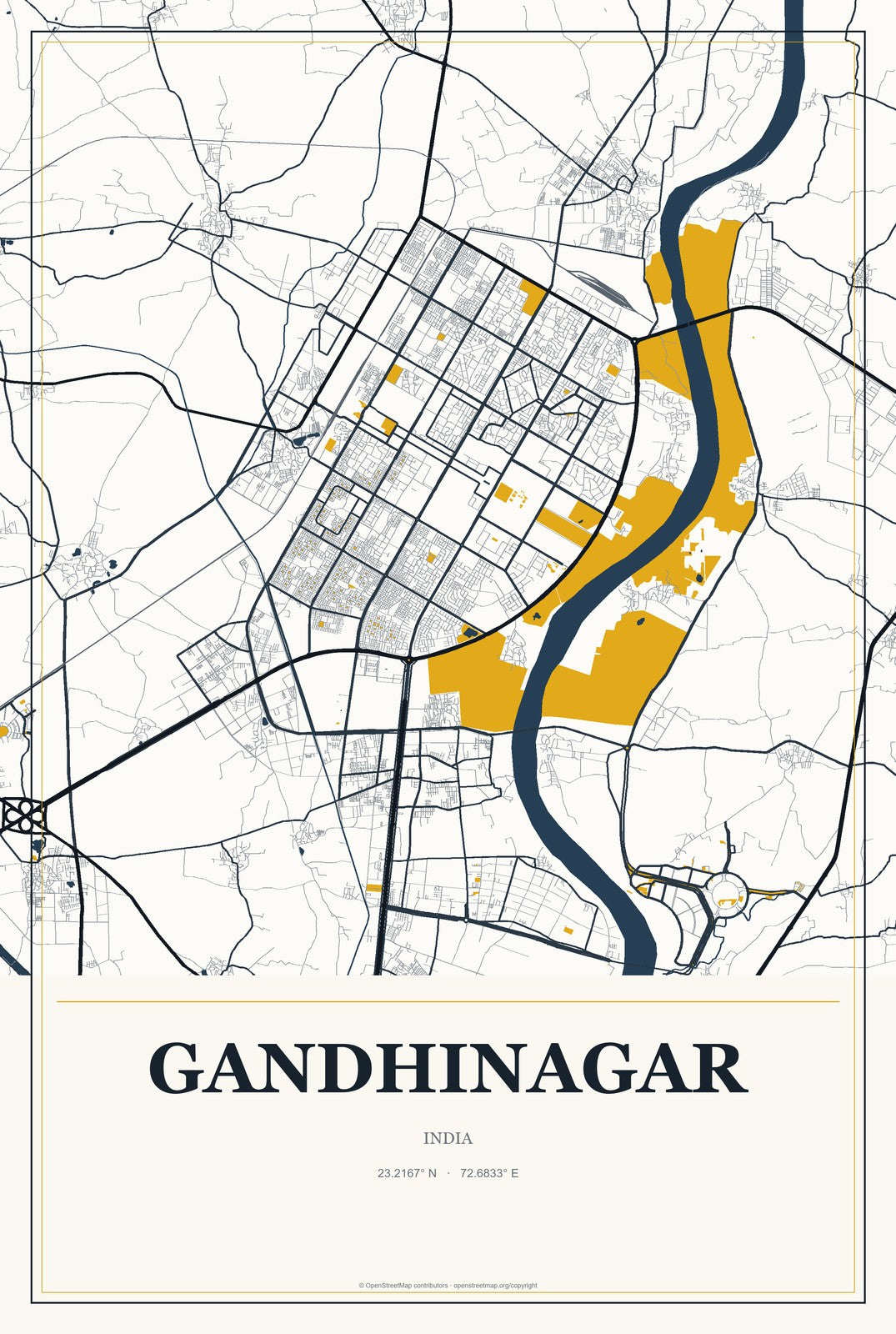 Gandhinagar, Maharashtra, India City Map Aluminum Sign in Citrine Modern style