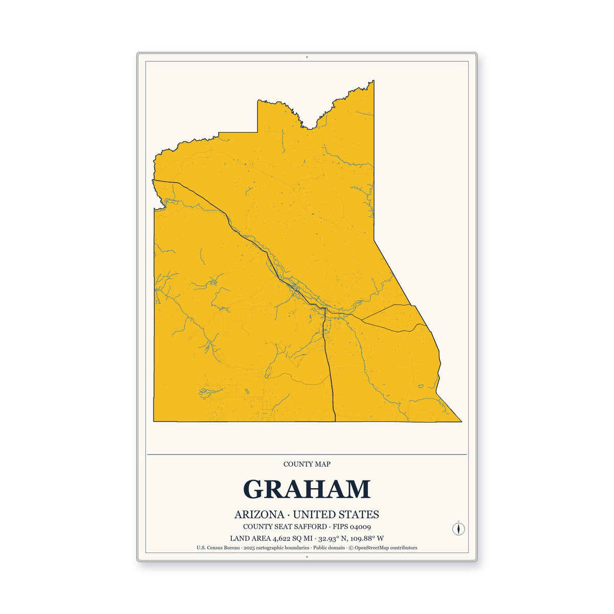 Graham County, Arizona Map Aluminum Sign in Citrine Modern style