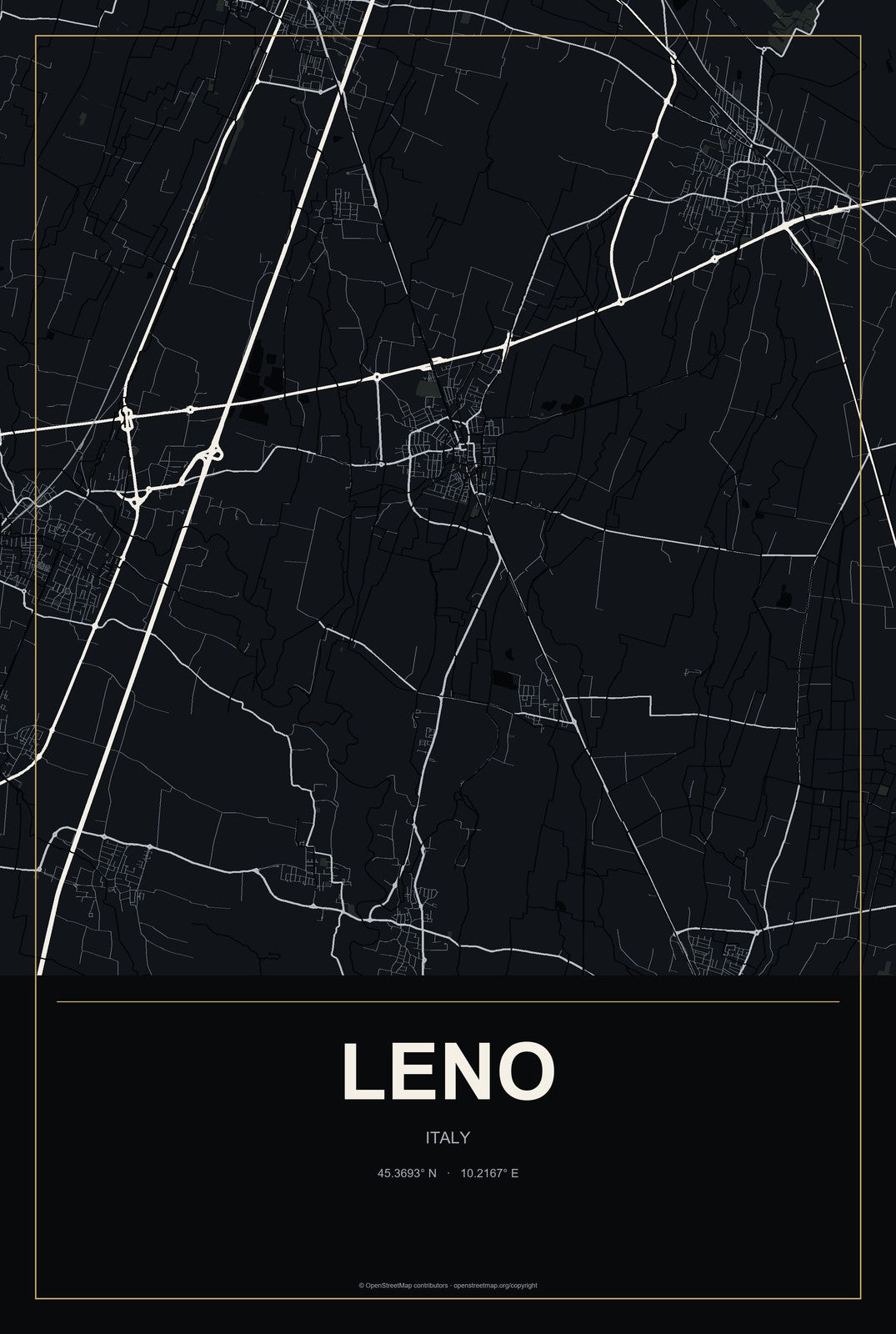 Leno, Italy City Map Aluminum Sign in Metropolitan Noir style
