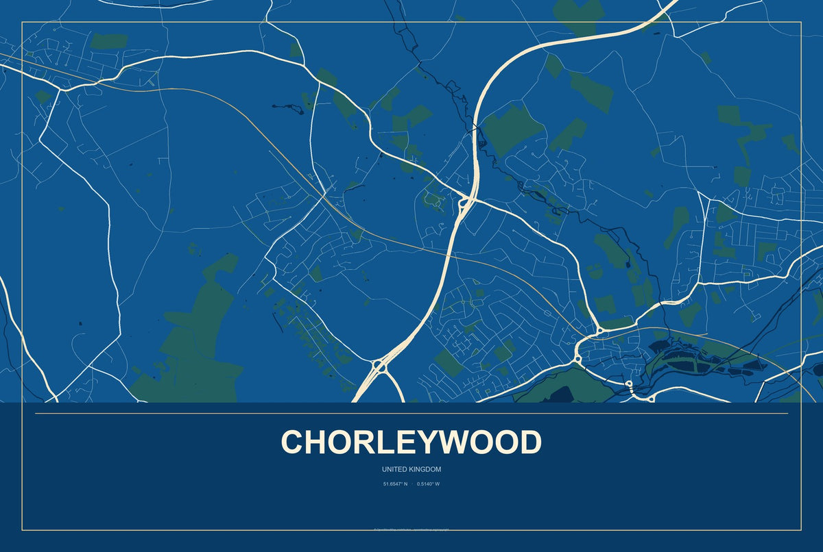Chorleywood, United Kingdom City Map Aluminum Sign in Harbor Cobalt style