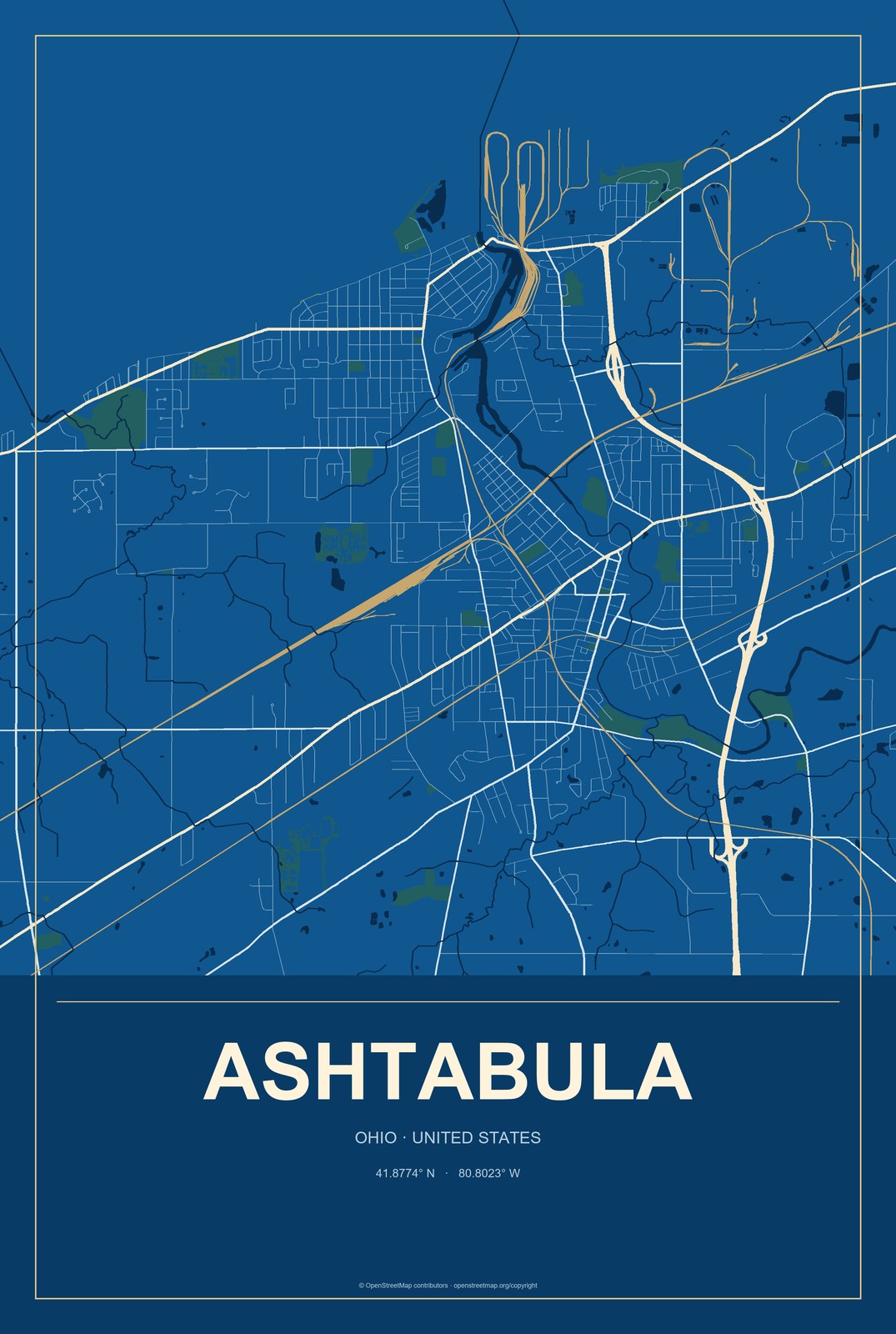 Ashtabula, Ohio City Map Aluminum Sign in Harbor Cobalt style