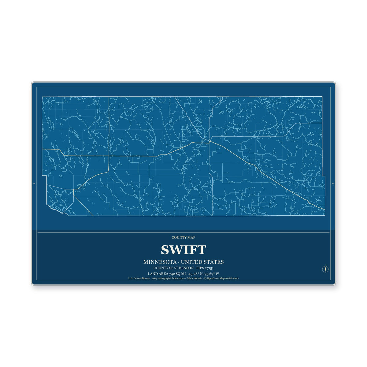 Swift County, Minnesota Map Aluminum Sign in Harbor Cobalt style