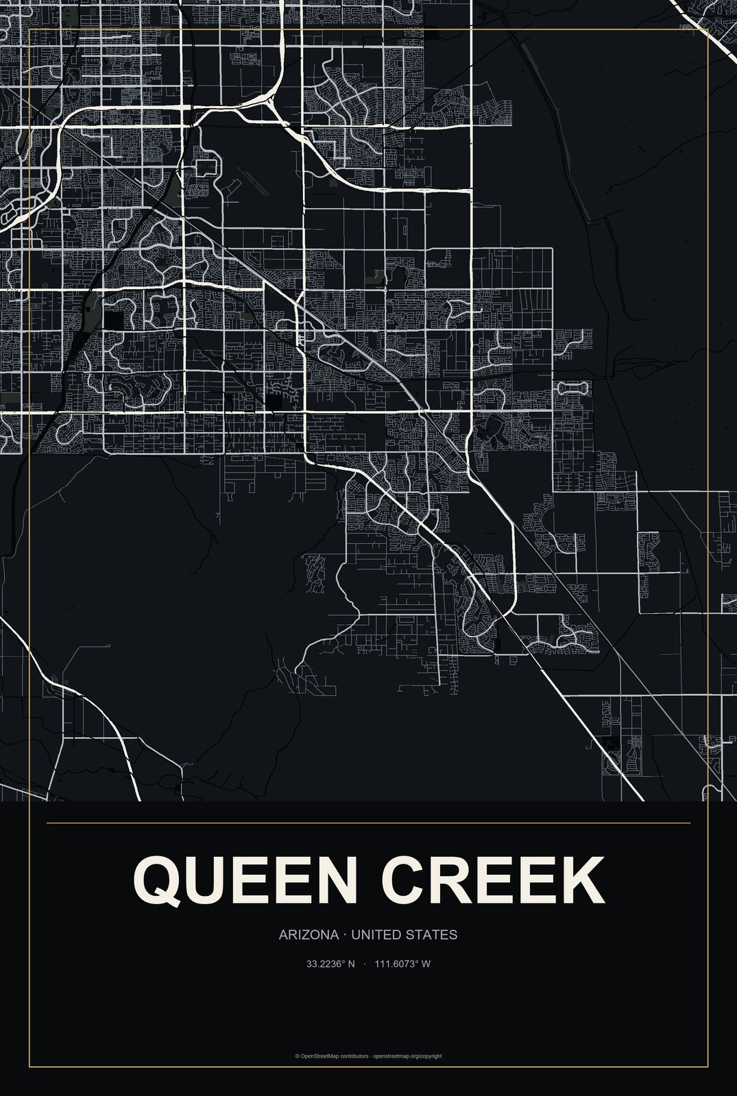 Queen Creek, Arizona City Map Aluminum Sign in Metropolitan Noir style