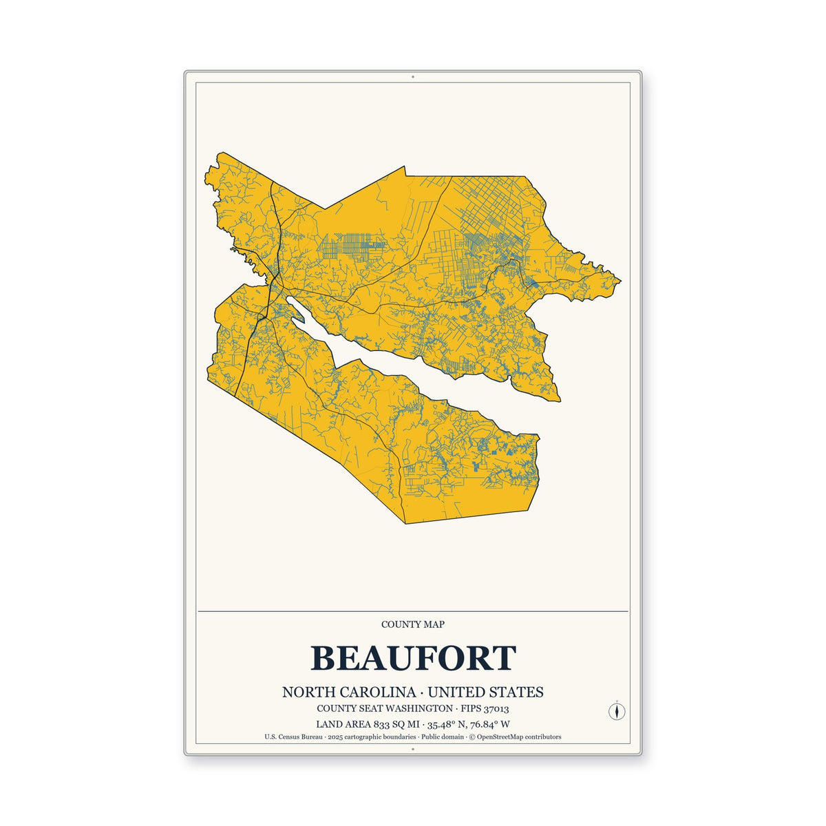 Beaufort County, North Carolina Map Aluminum Sign in Citrine Modern style