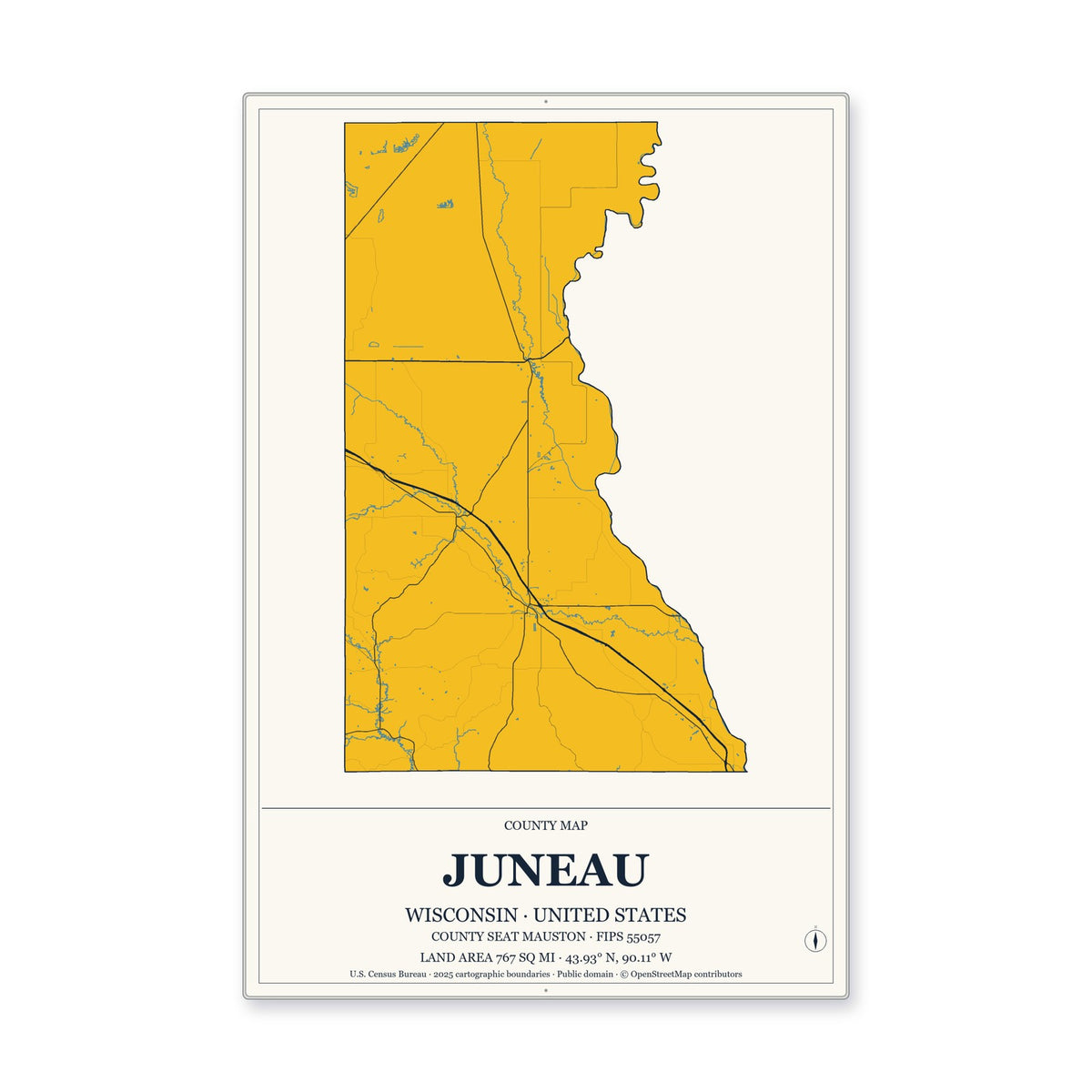 Juneau County, Wisconsin Map Aluminum Sign in Citrine Modern style