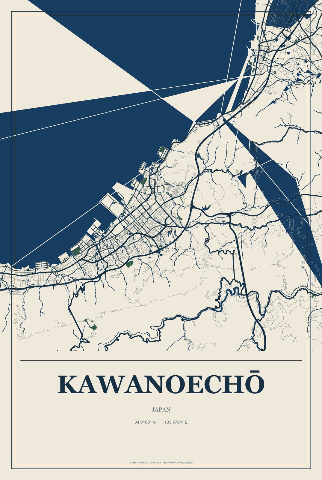 Kawanoechō, Japan City Map Aluminum Sign in Coastal Cutout style