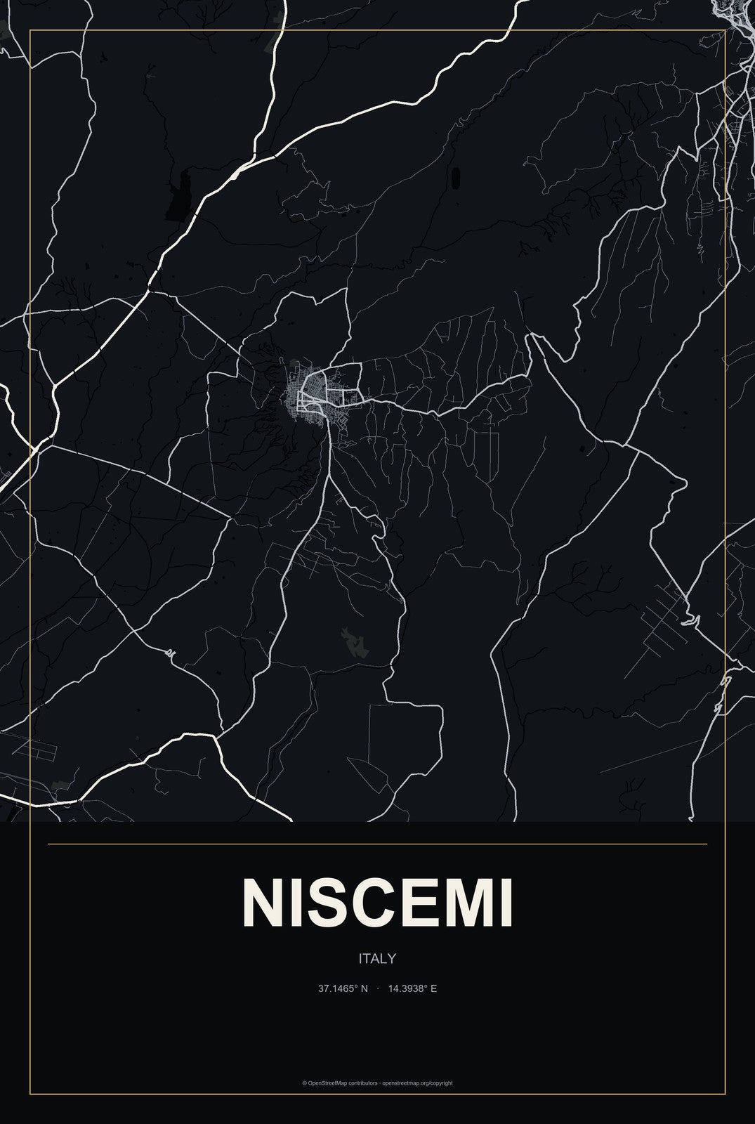 Niscemi, Italy City Map Aluminum Sign in Metropolitan Noir style