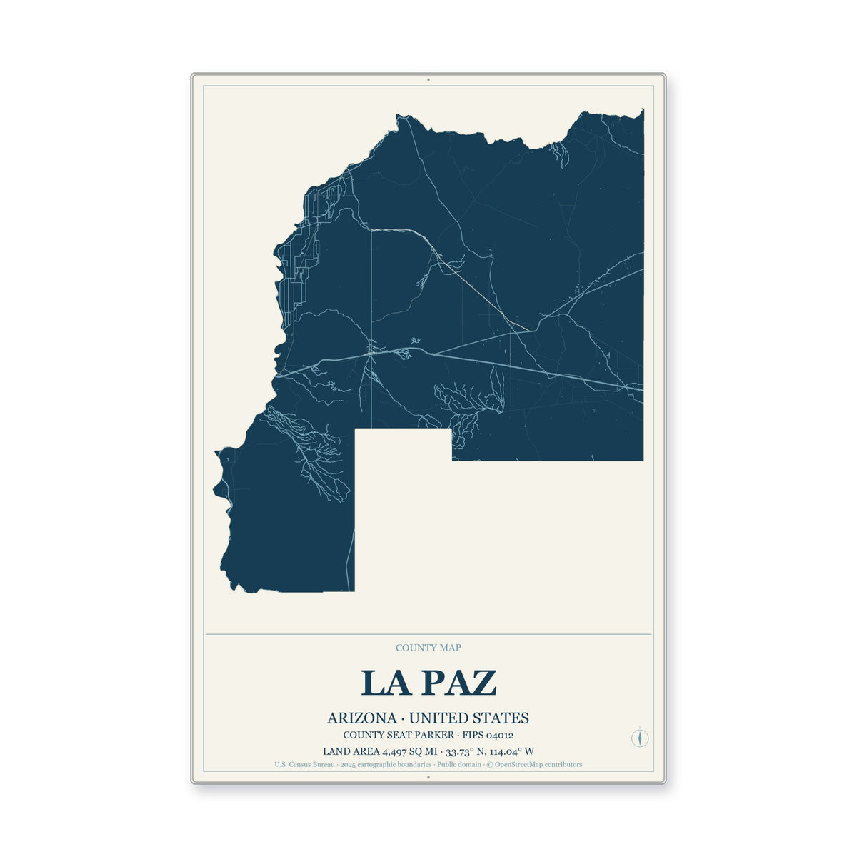 La Paz County, Arizona Map Aluminum Sign in Coastal Cutout style