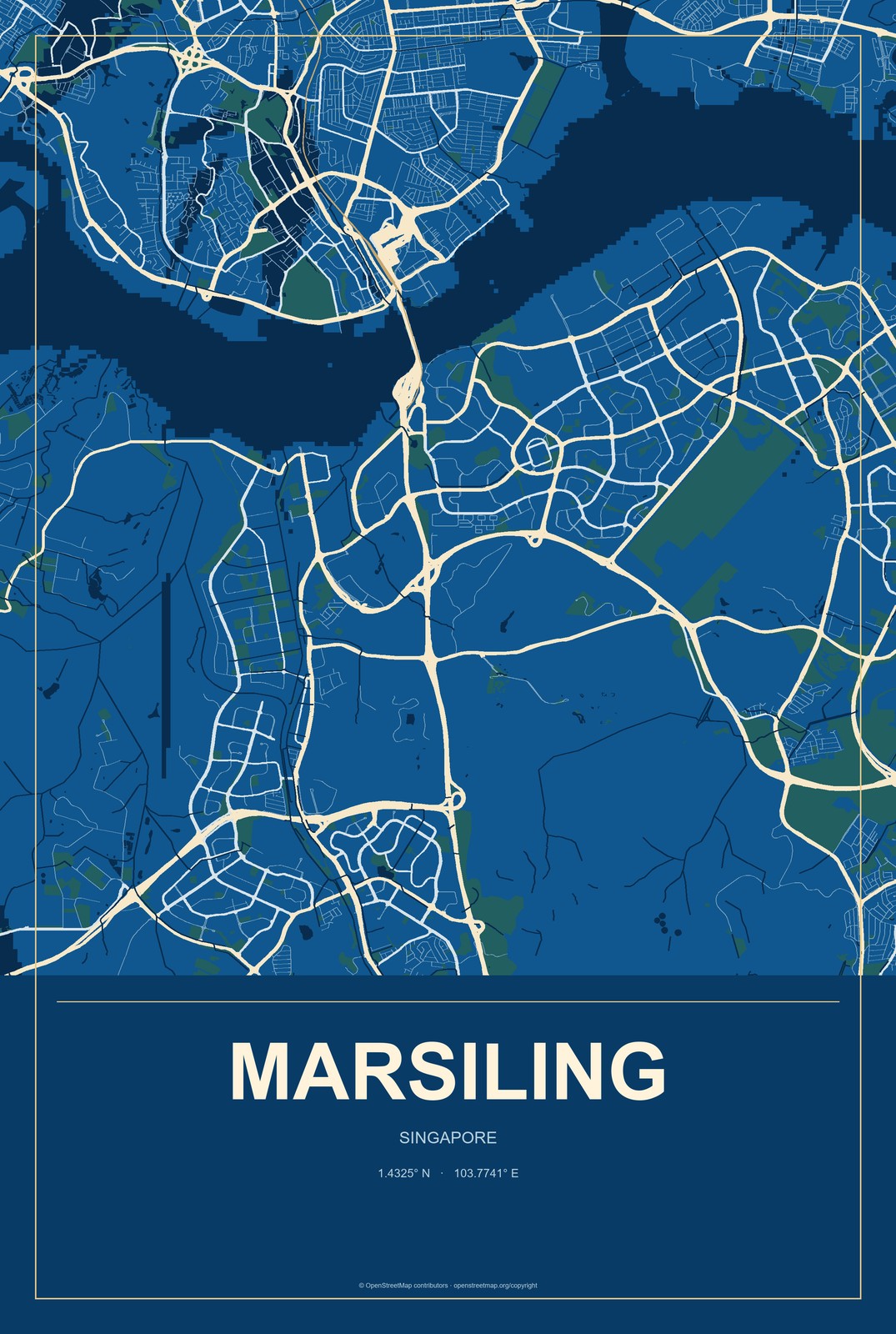 Marsiling, Singapore City Map Aluminum Sign in Harbor Cobalt style