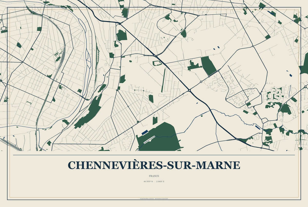 Chennevières-sur-Marne, France City Map Aluminum Sign in Coastal Cutout style