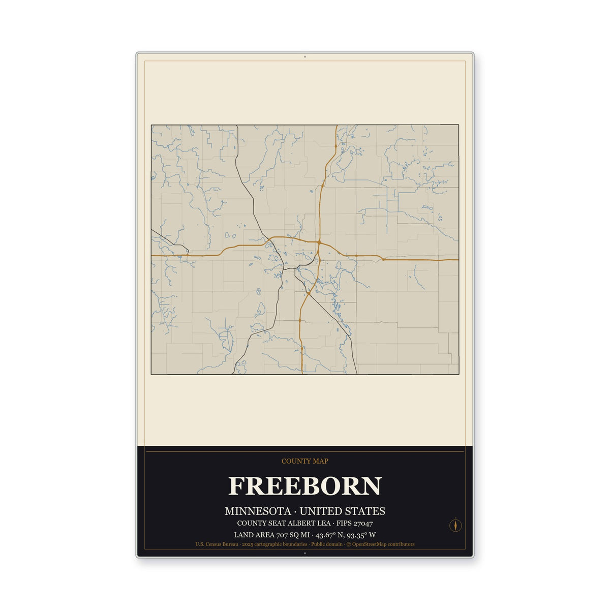 Freeborn County, Minnesota Map Aluminum Sign in Museum Plaque style