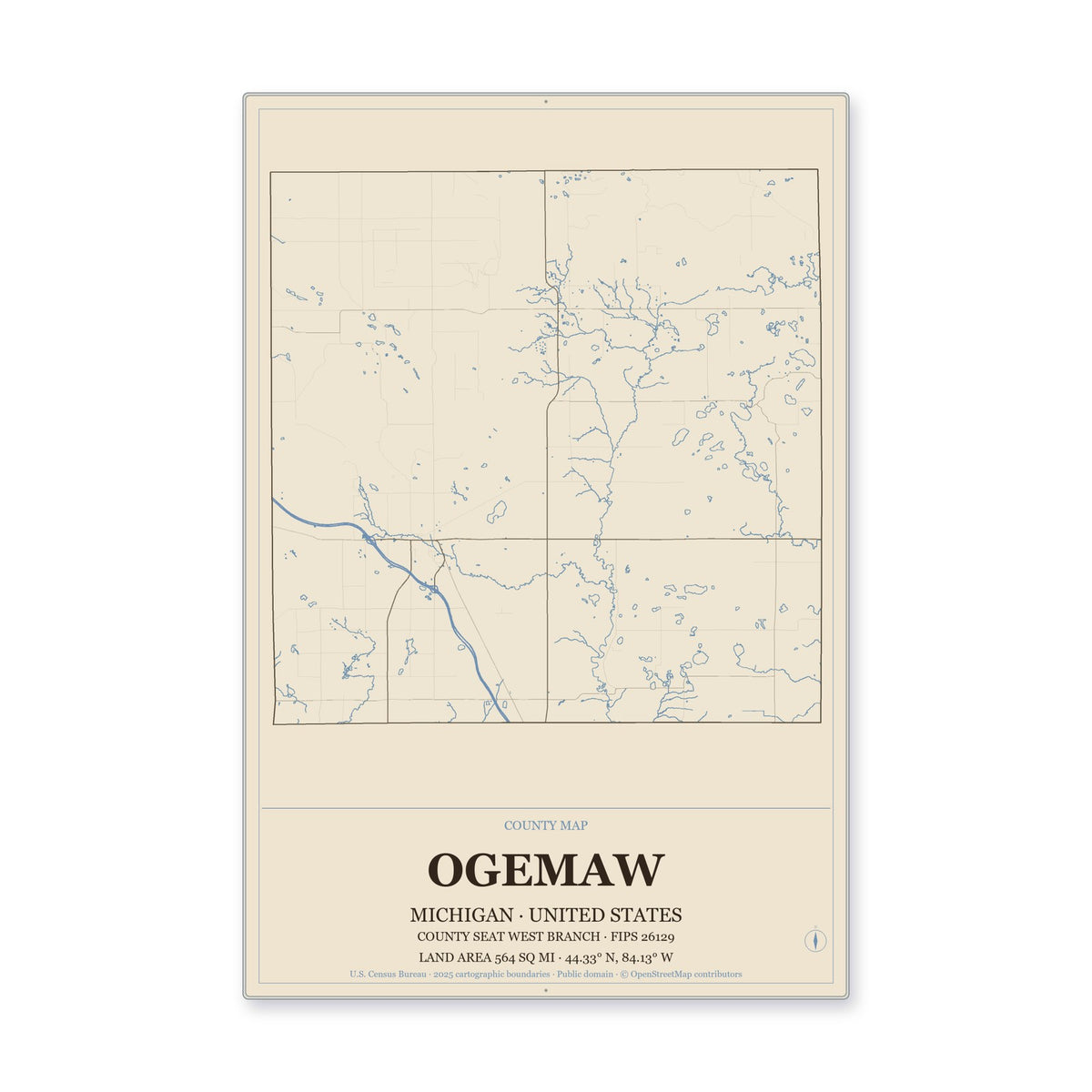 Ogemaw County, Michigan Map Aluminum Sign in Heritage Nautical style
