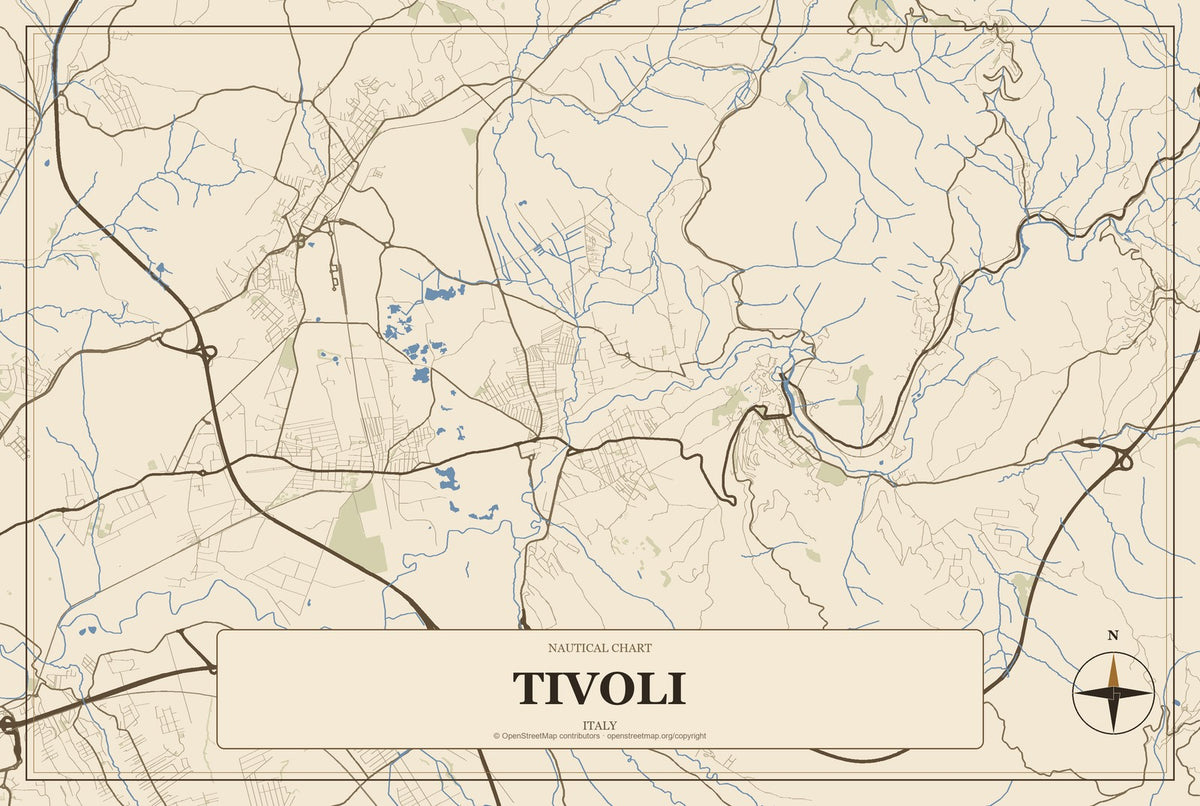 Tivoli, Italy City Map Aluminum Sign in Heritage Nautical style