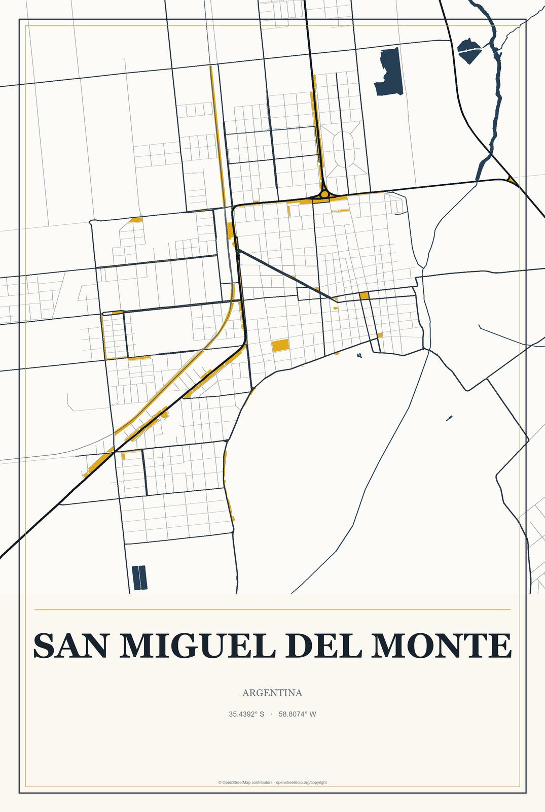 San Miguel del Monte, Argentina City Map Aluminum Sign in Citrine Modern style