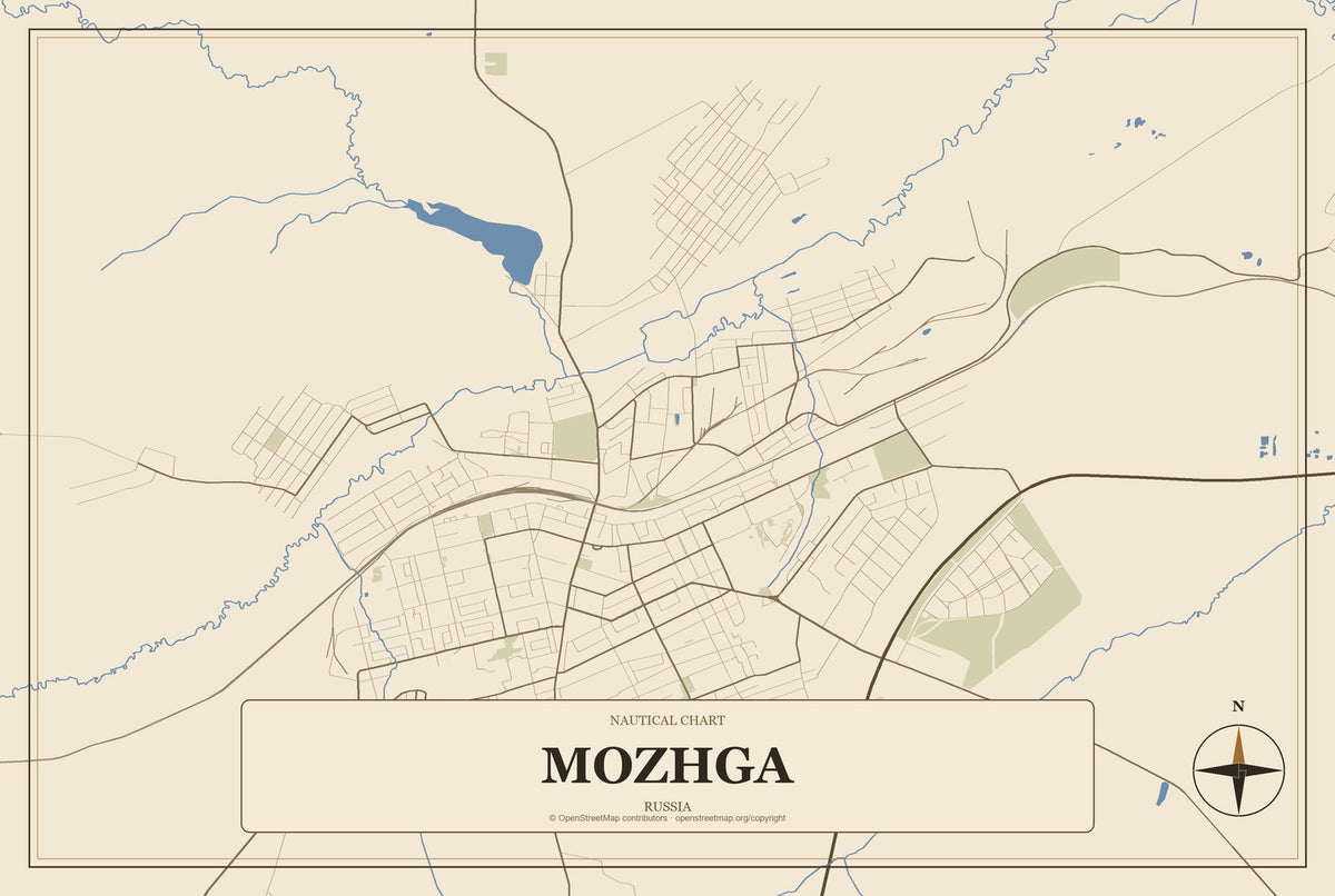 Mozhga, Russia City Map Aluminum Sign in Heritage Nautical style