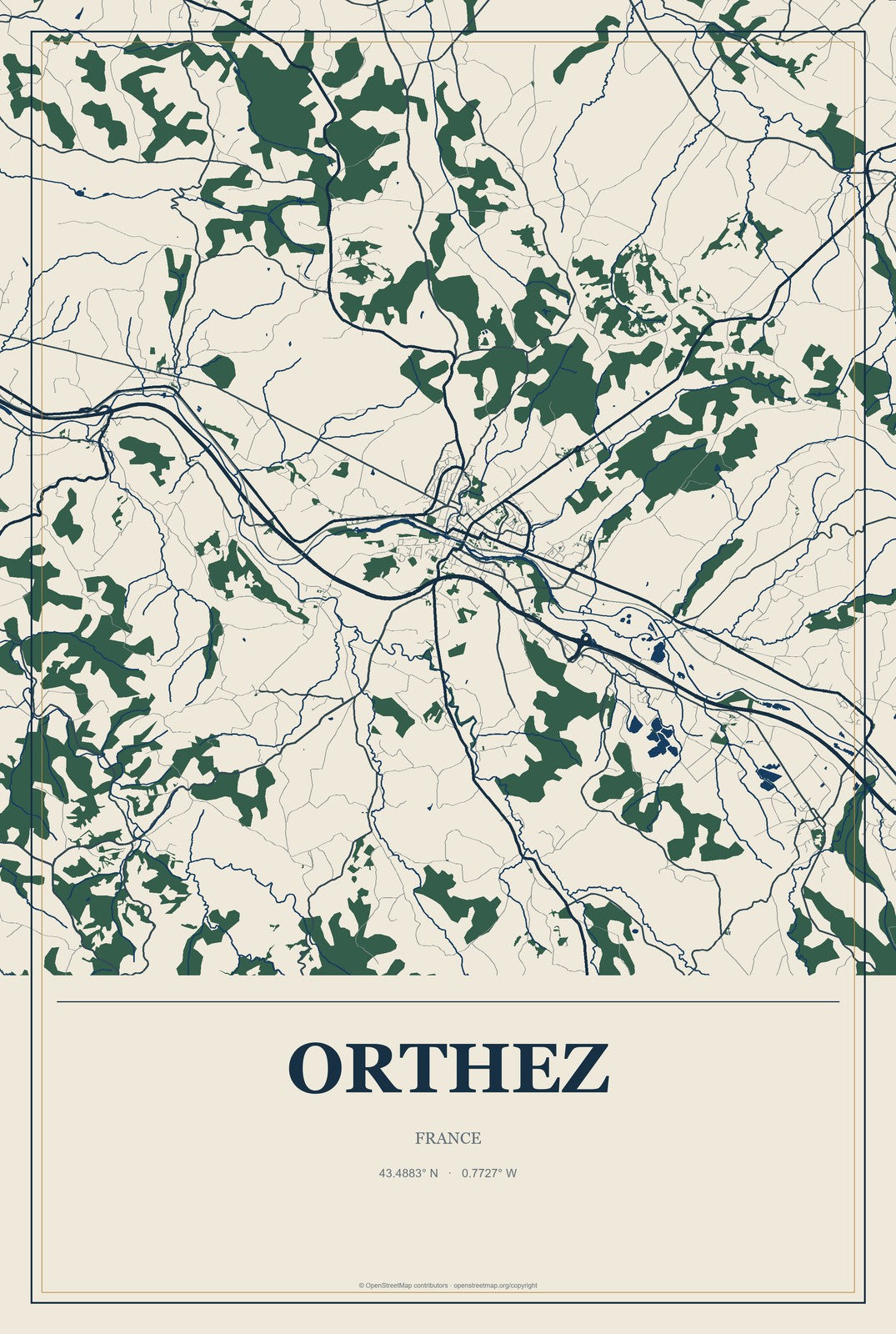 Orthez, France City Map Aluminum Sign in Coastal Cutout style