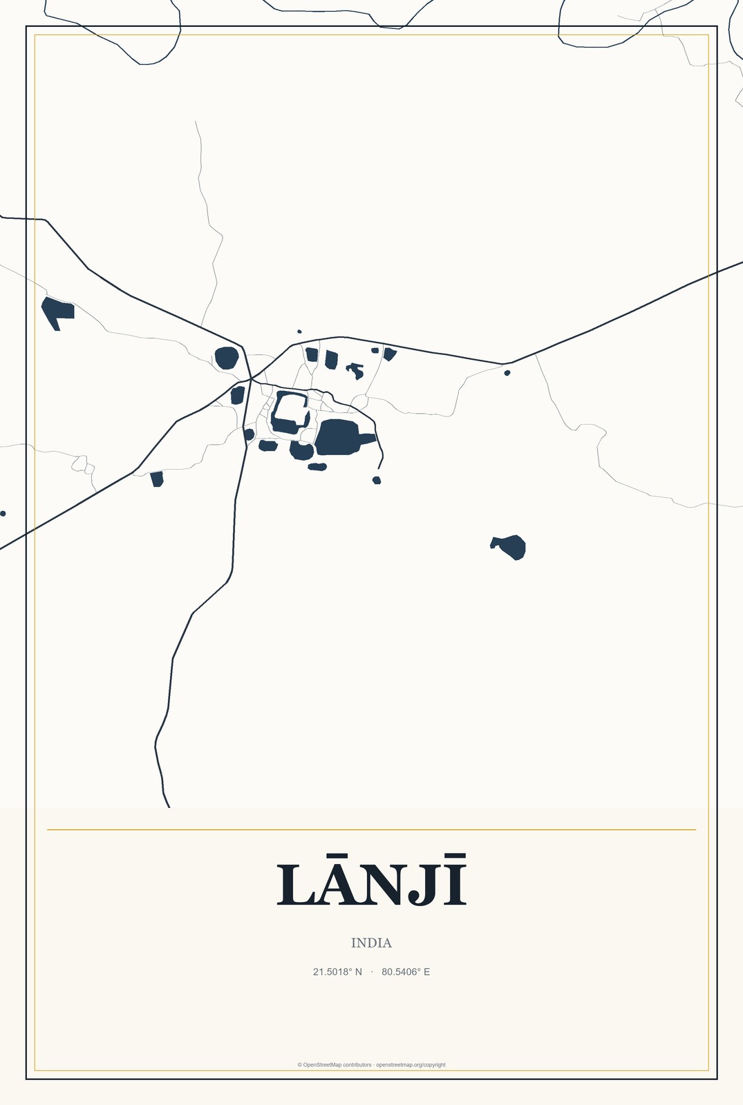 Lānjī, India City Map Aluminum Sign in Citrine Modern style