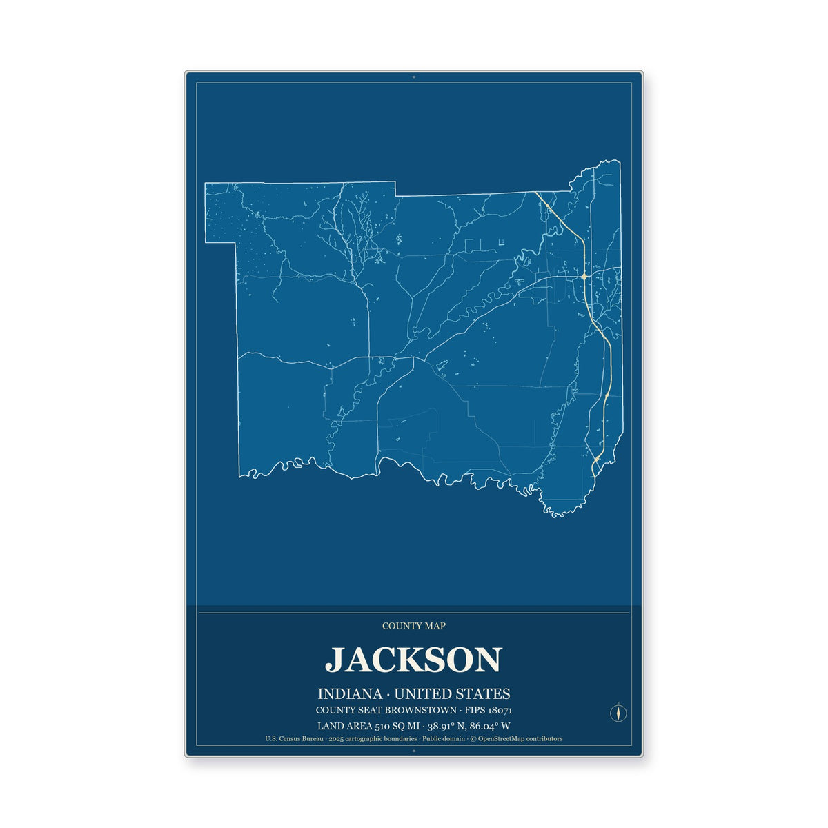Jackson County, Indiana Map Aluminum Sign in Harbor Cobalt style