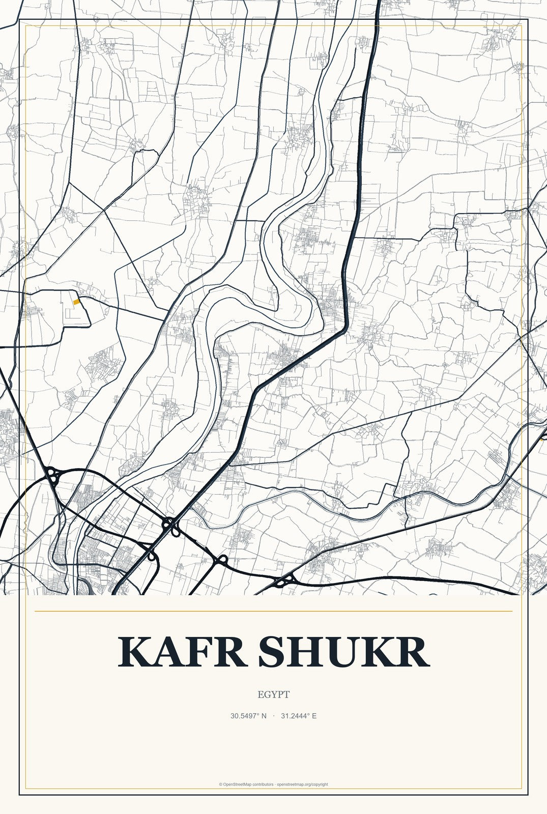Kafr Shukr, Egypt City Map Aluminum Sign in Citrine Modern style