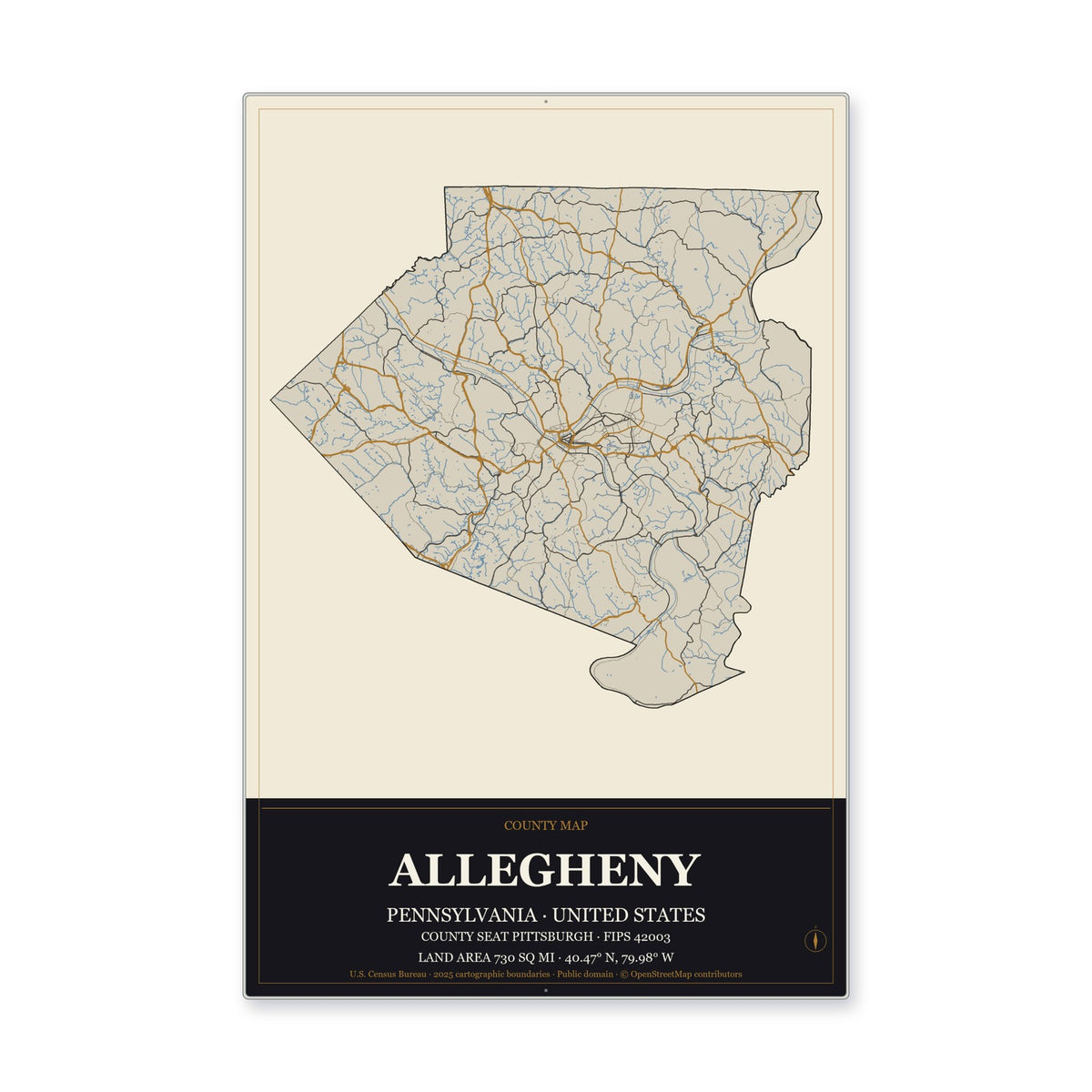 Allegheny County, Pennsylvania Map Aluminum Sign in Museum Plaque style
