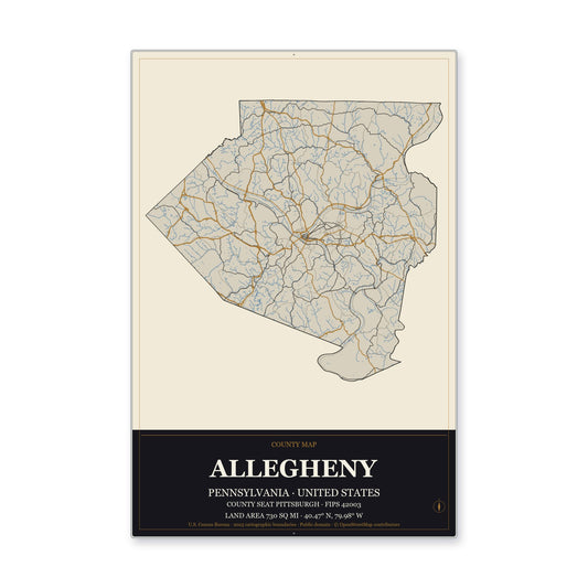 Allegheny County, Pennsylvania Map Aluminum Sign in Museum Plaque style
