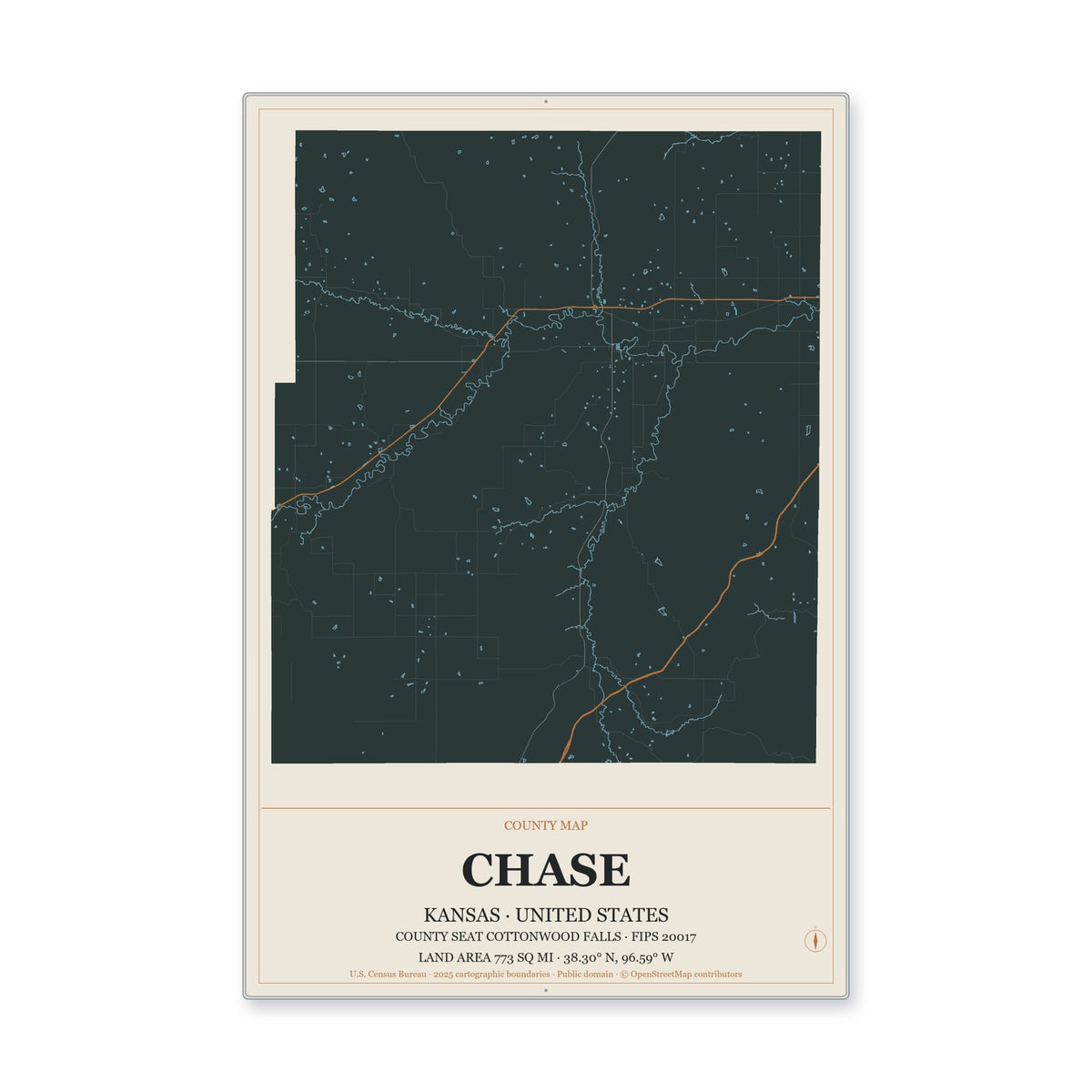Chase County, Kansas Map Aluminum Sign in Headline Atlas style