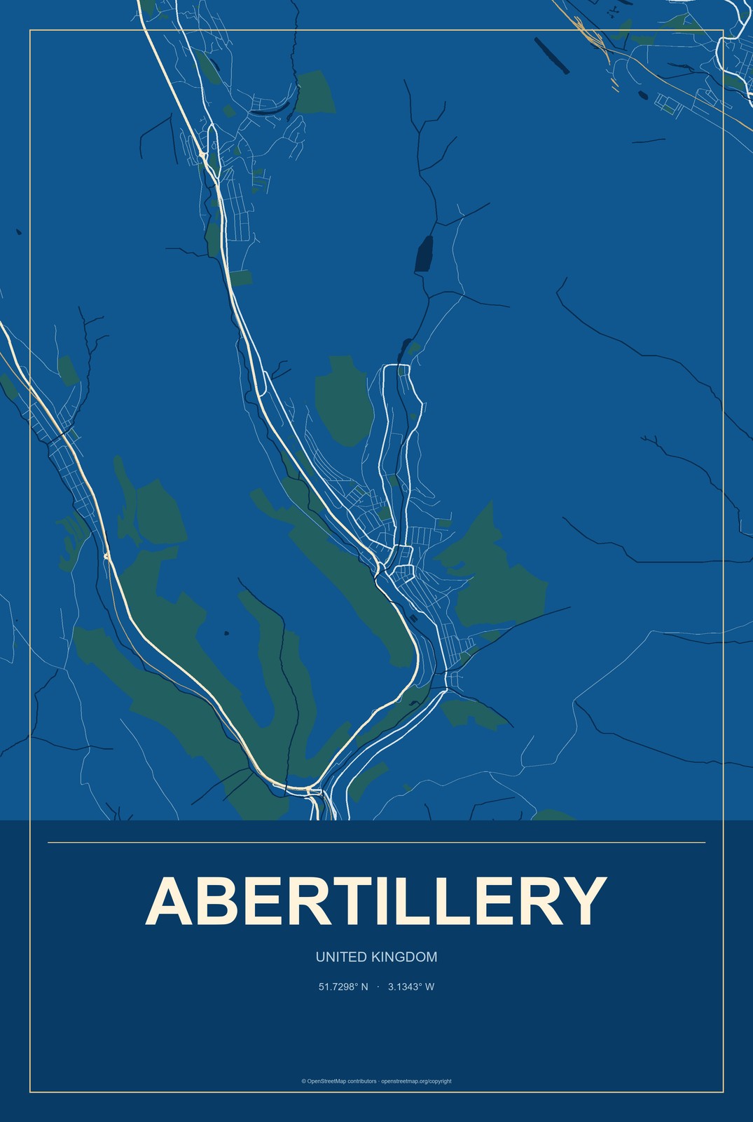Abertillery, United Kingdom City Map Aluminum Sign in Harbor Cobalt style