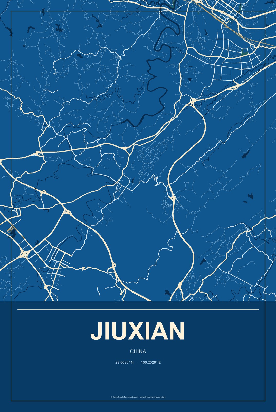 Jiuxian, China City Map Aluminum Sign in Harbor Cobalt style