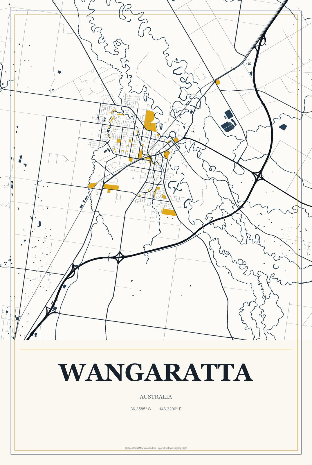 Wangaratta, Australia City Map Aluminum Sign in Citrine Modern style