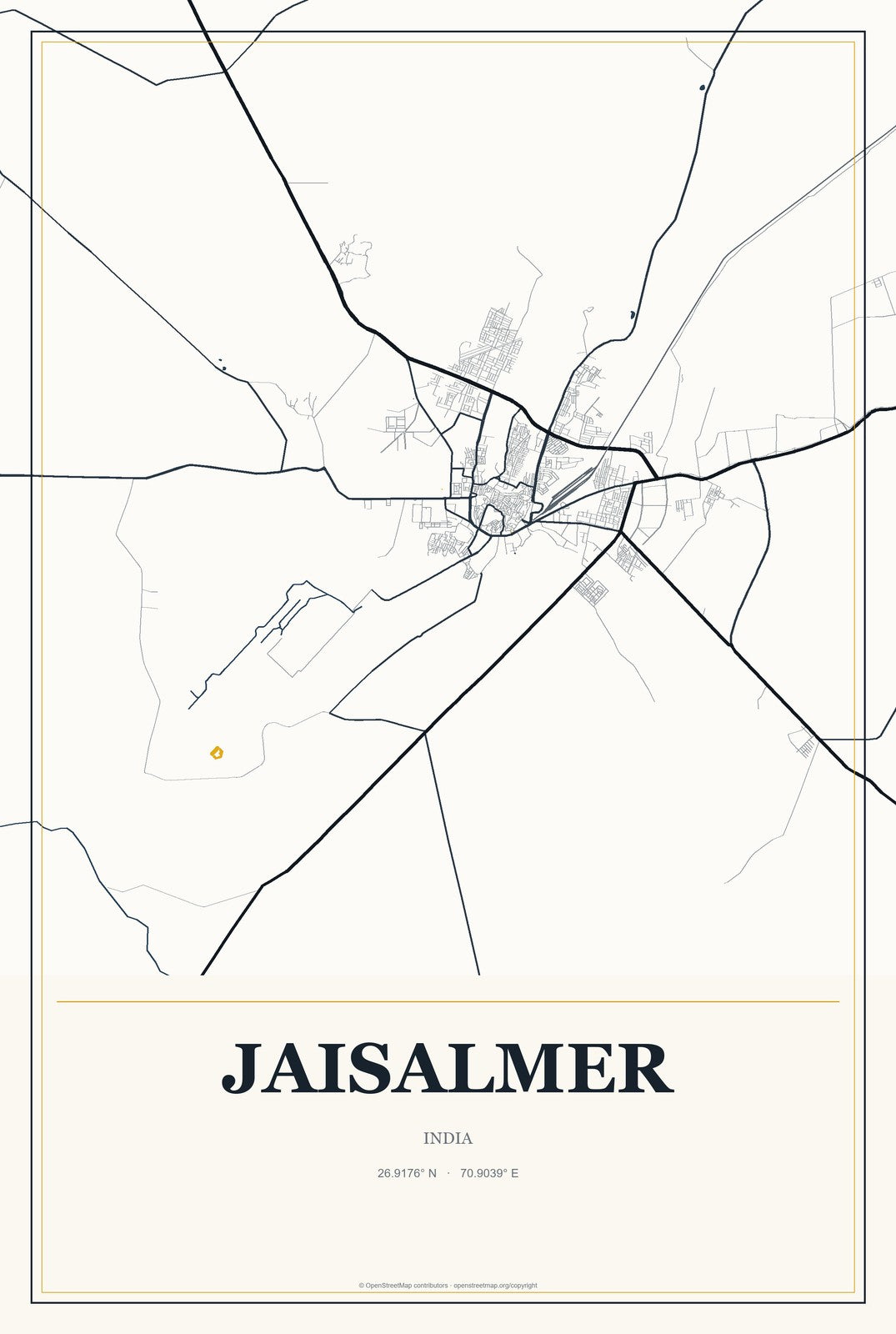 Jaisalmer, India City Map Aluminum Sign in Citrine Modern style