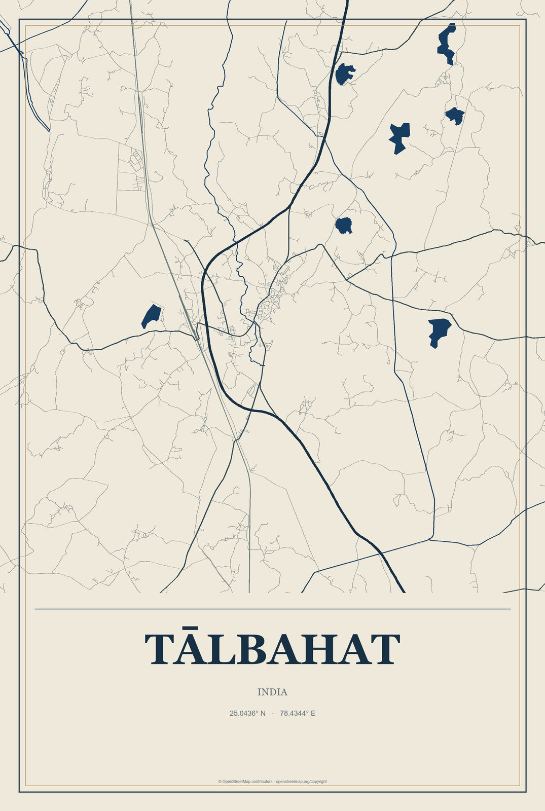 Tālbahat, India City Map Aluminum Sign in Coastal Cutout style