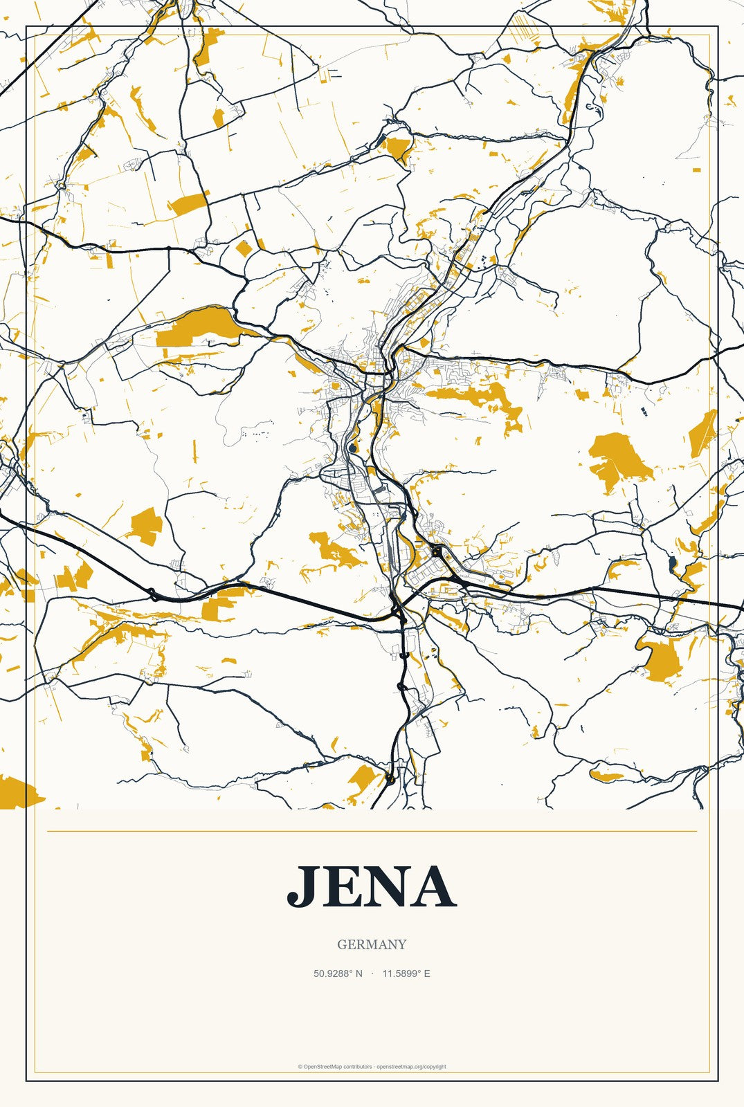 Jena, Germany City Map Aluminum Sign in Citrine Modern style