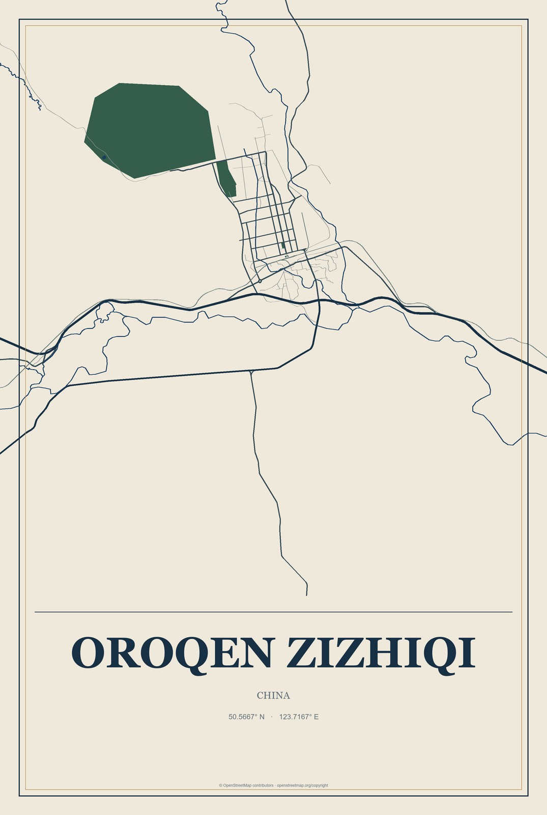 Oroqen Zizhiqi, China City Map Aluminum Sign in Coastal Cutout style
