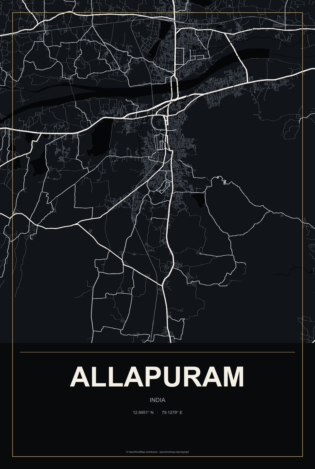 Allapuram, India City Map Aluminum Sign in Metropolitan Noir style