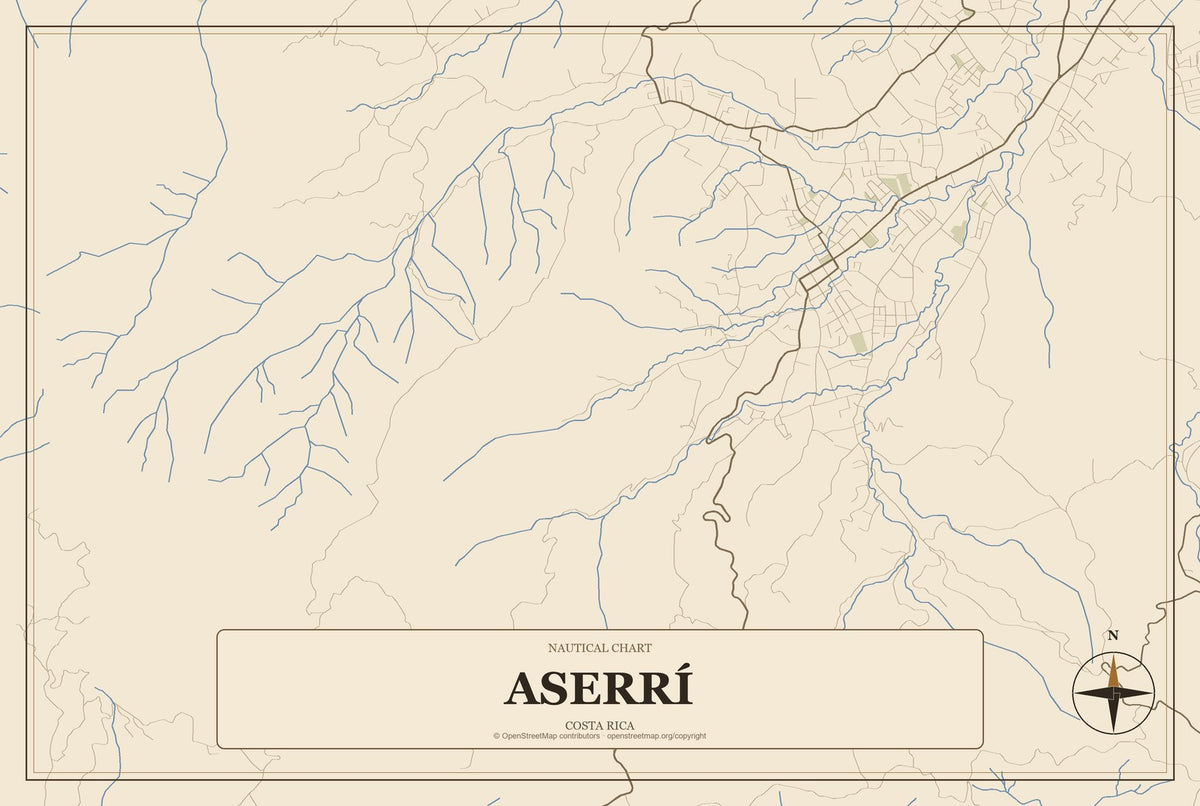 Aserrí, Costa Rica City Map Aluminum Sign in Heritage Nautical style