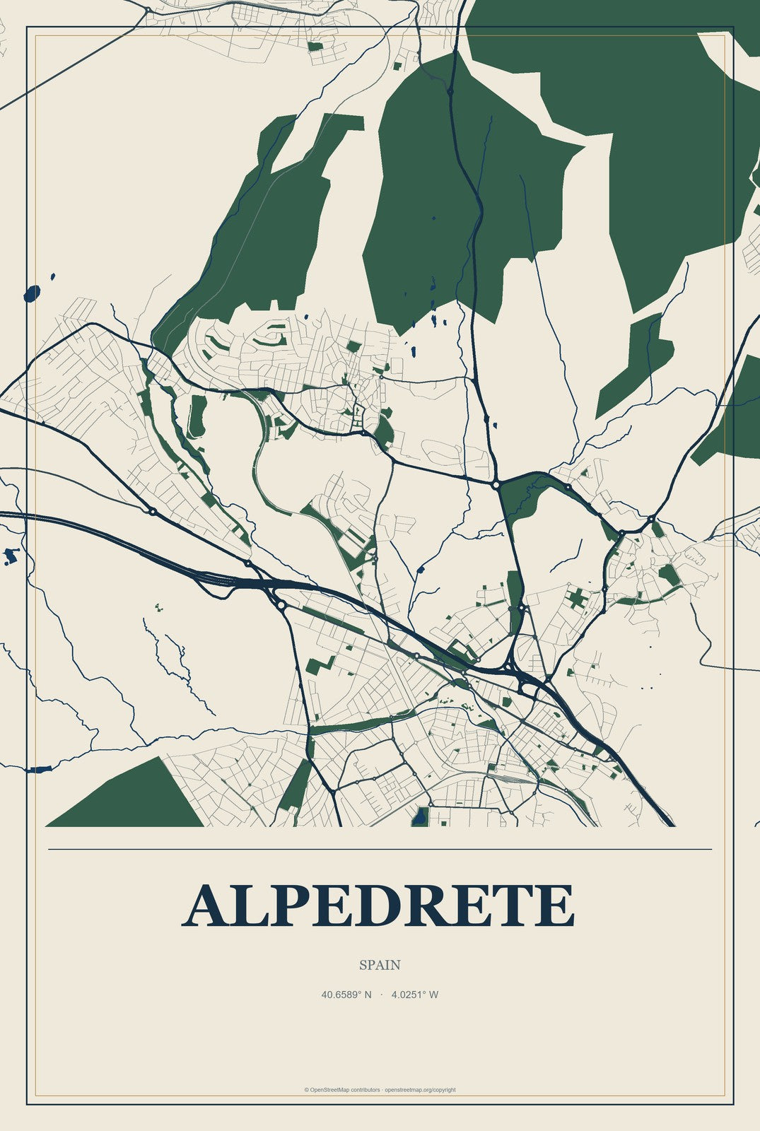 Alpedrete, Spain City Map Aluminum Sign in Coastal Cutout style