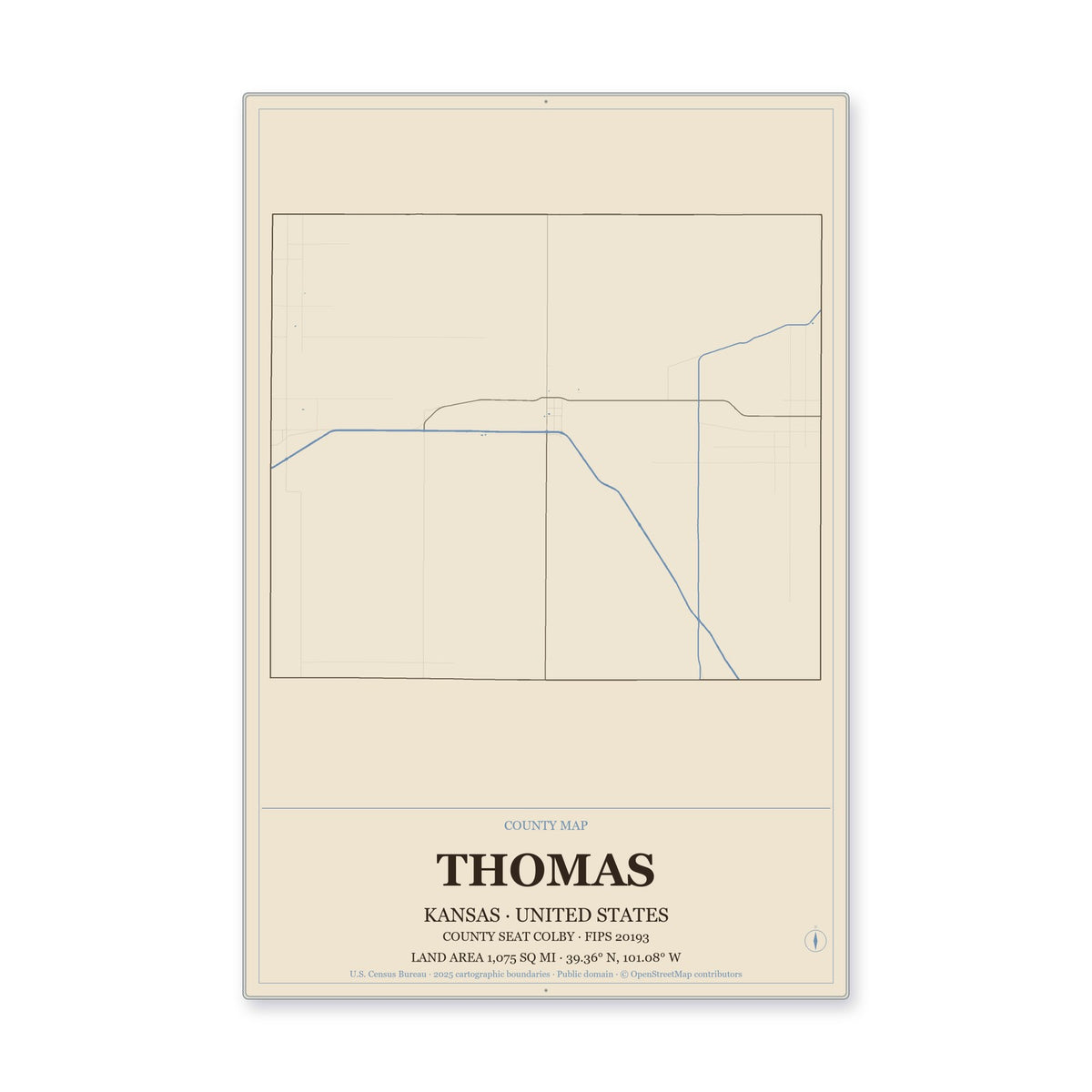 Thomas County, Kansas Map Aluminum Sign in Heritage Nautical style