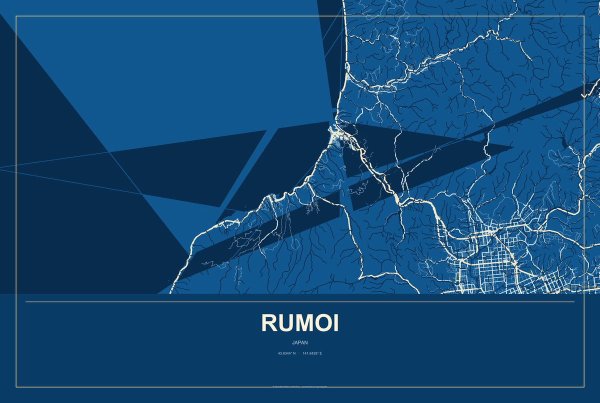 Rumoi, Japan City Map Aluminum Sign in Harbor Cobalt style