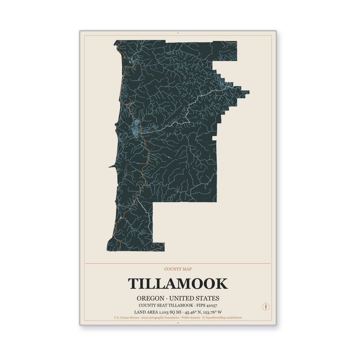 Tillamook County, Oregon Map Aluminum Sign in Headline Atlas style