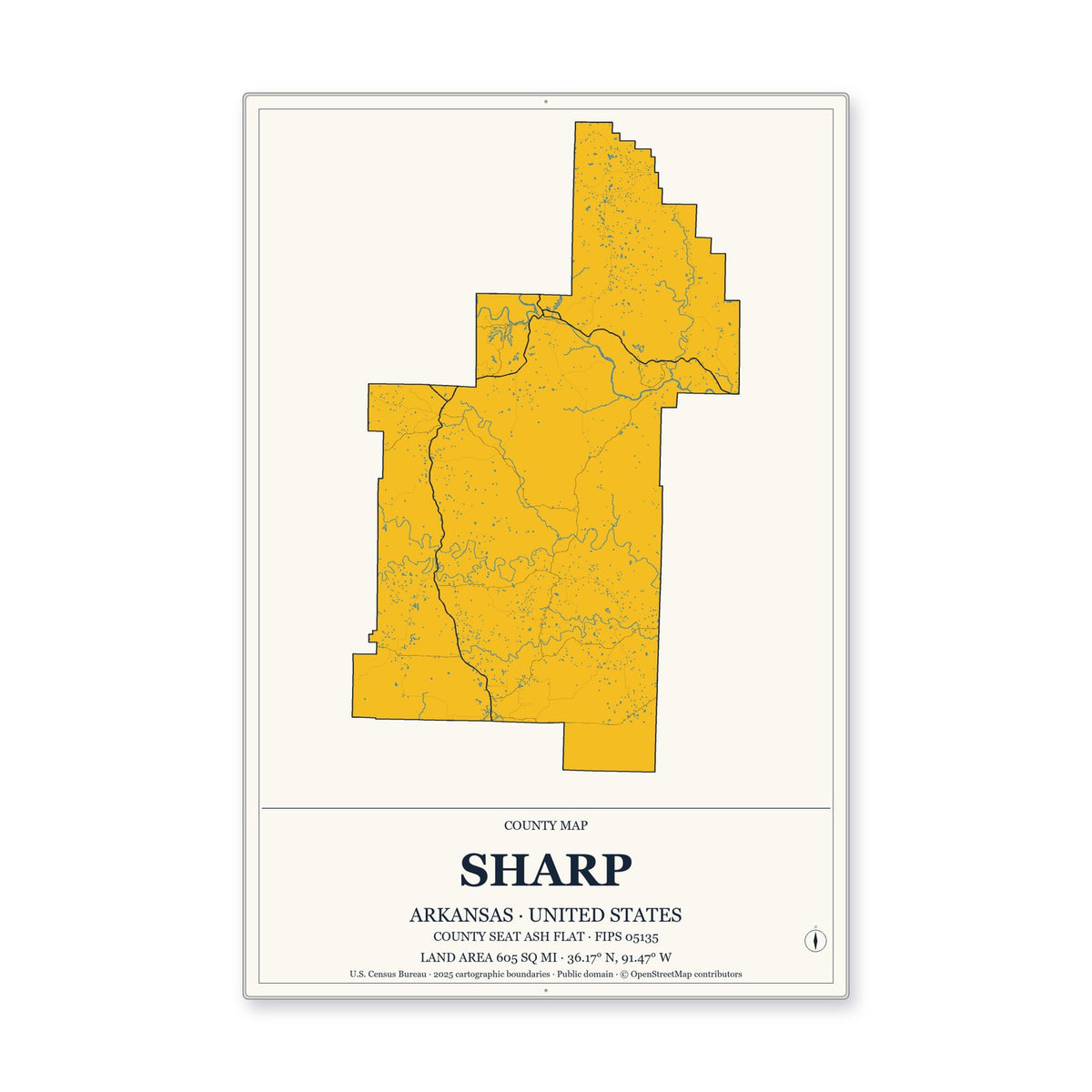 Sharp County, Arkansas Map Aluminum Sign in Citrine Modern style