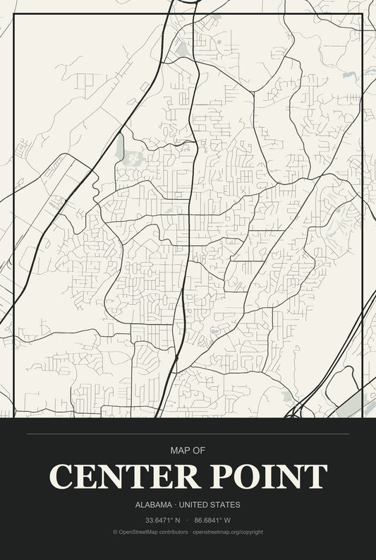 Center Point, Alabama City Map Aluminum Sign in Museum Plaque style