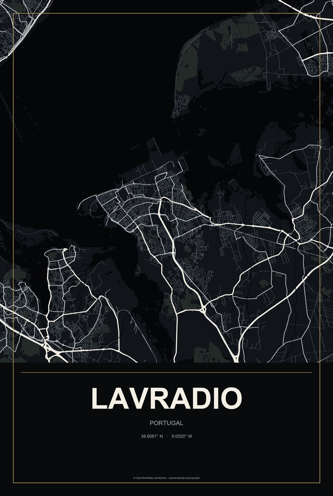 Lavradio, Portugal City Map Aluminum Sign in Metropolitan Noir style
