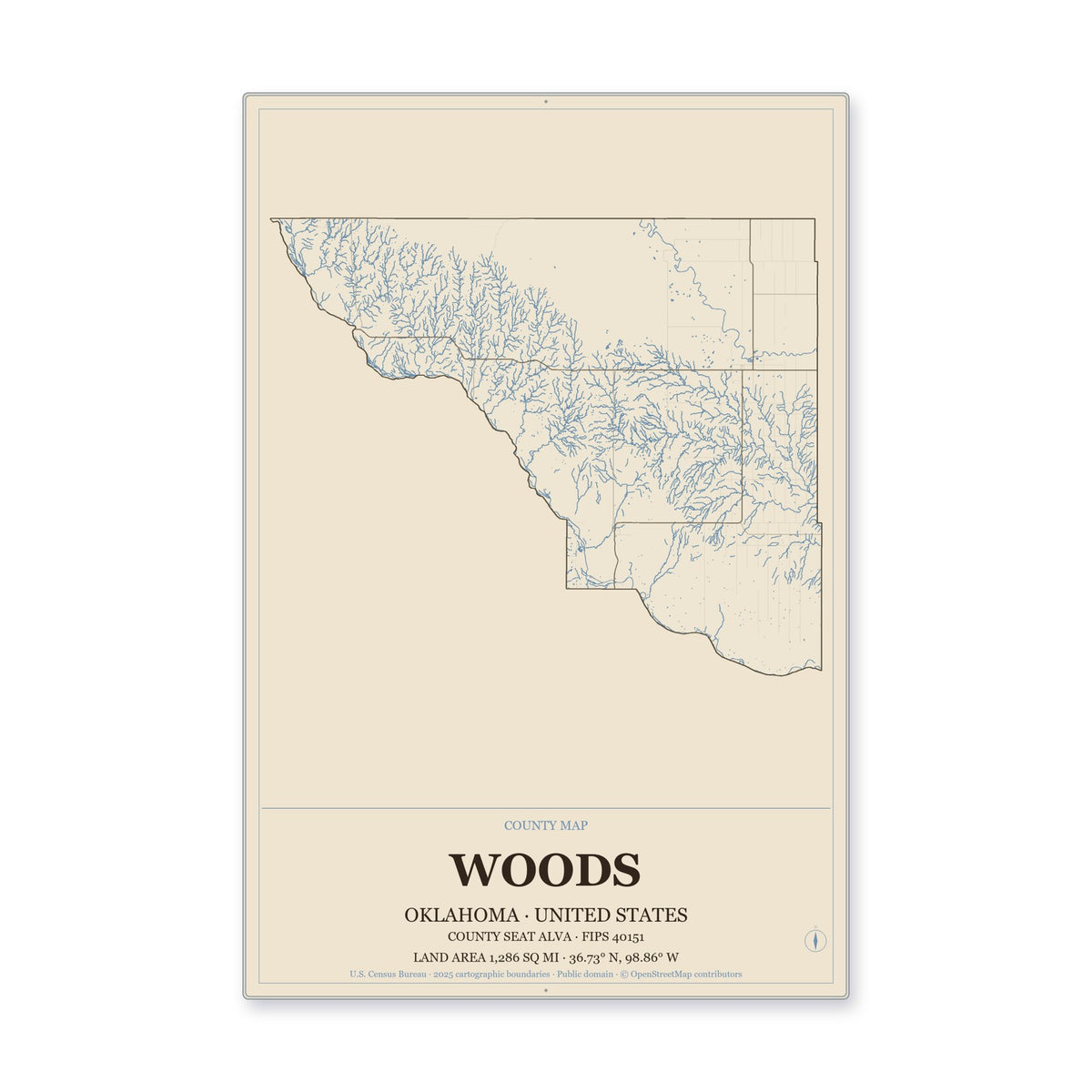 Woods County, Oklahoma Map Aluminum Sign in Heritage Nautical style
