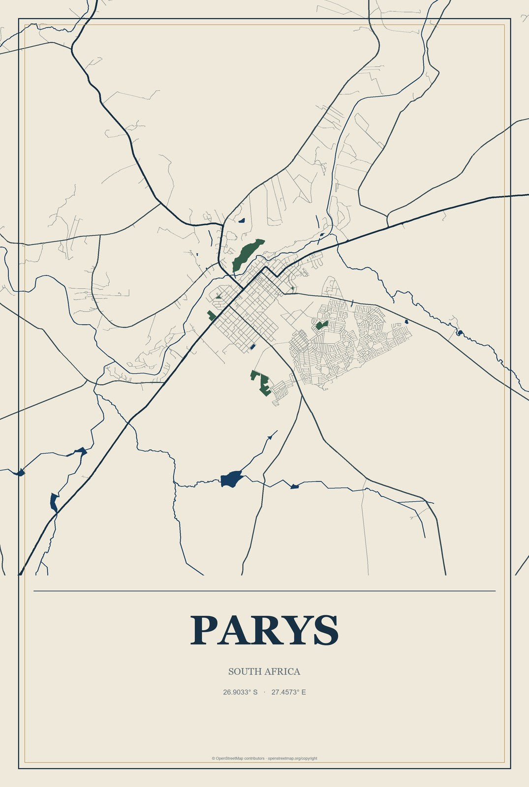 Parys, South Africa City Map Aluminum Sign in Coastal Cutout style