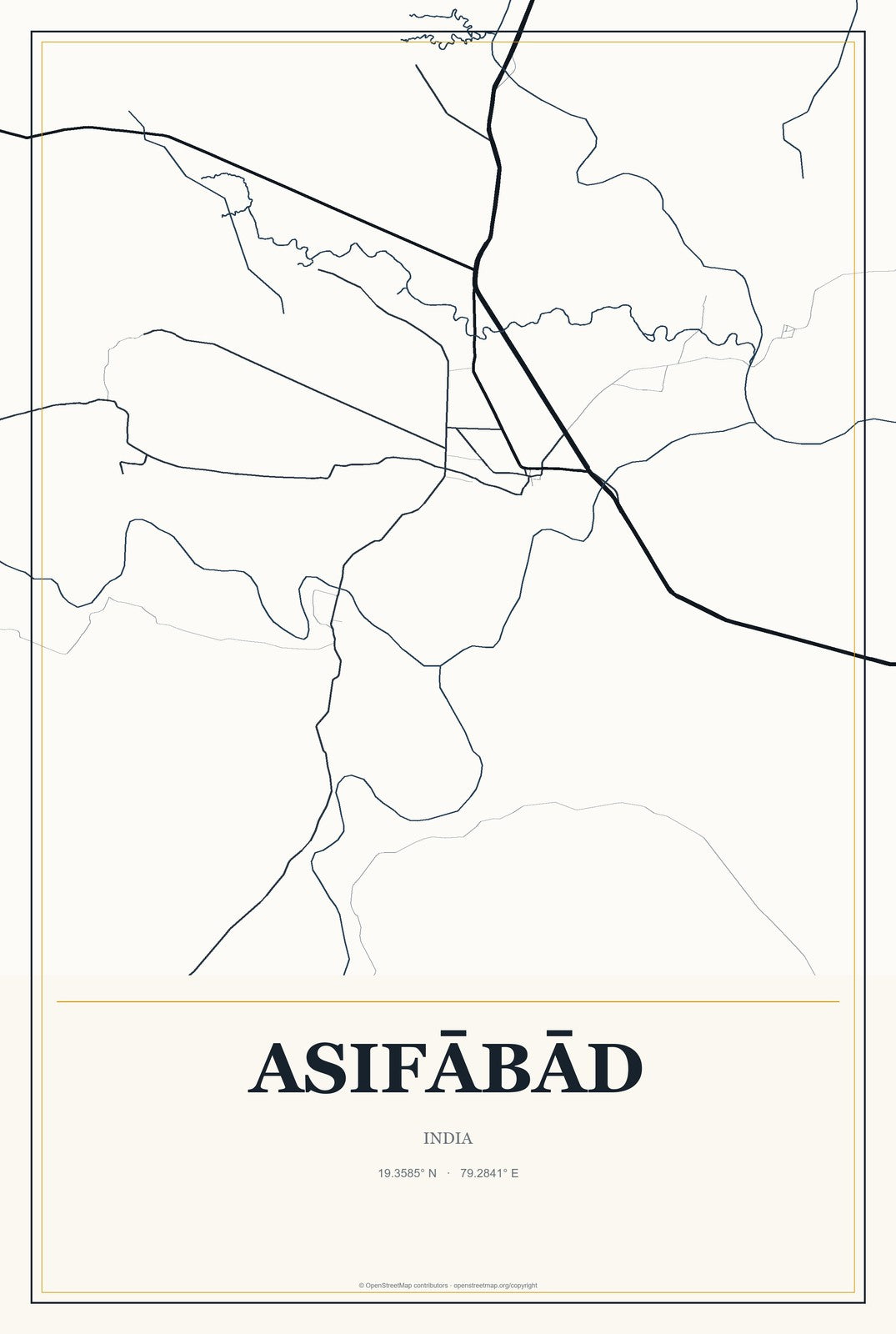 Asifābād, India City Map Aluminum Sign in Citrine Modern style
