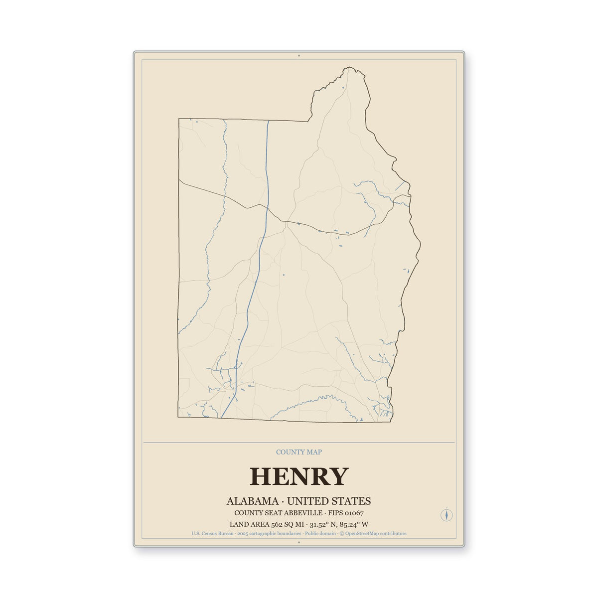 Henry County, Alabama Map Aluminum Sign in Heritage Nautical style