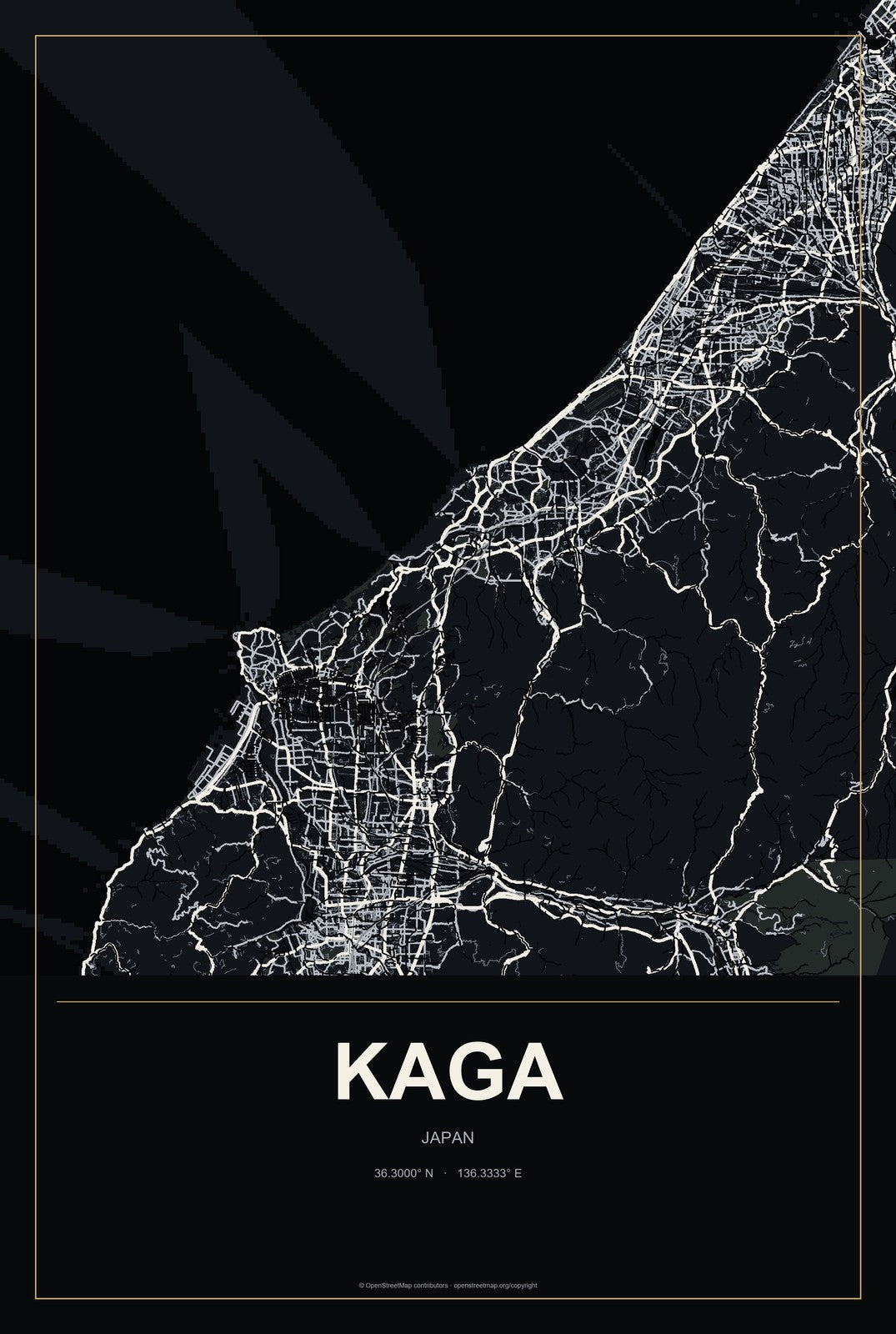 Kaga, Japan City Map Aluminum Sign in Metropolitan Noir style