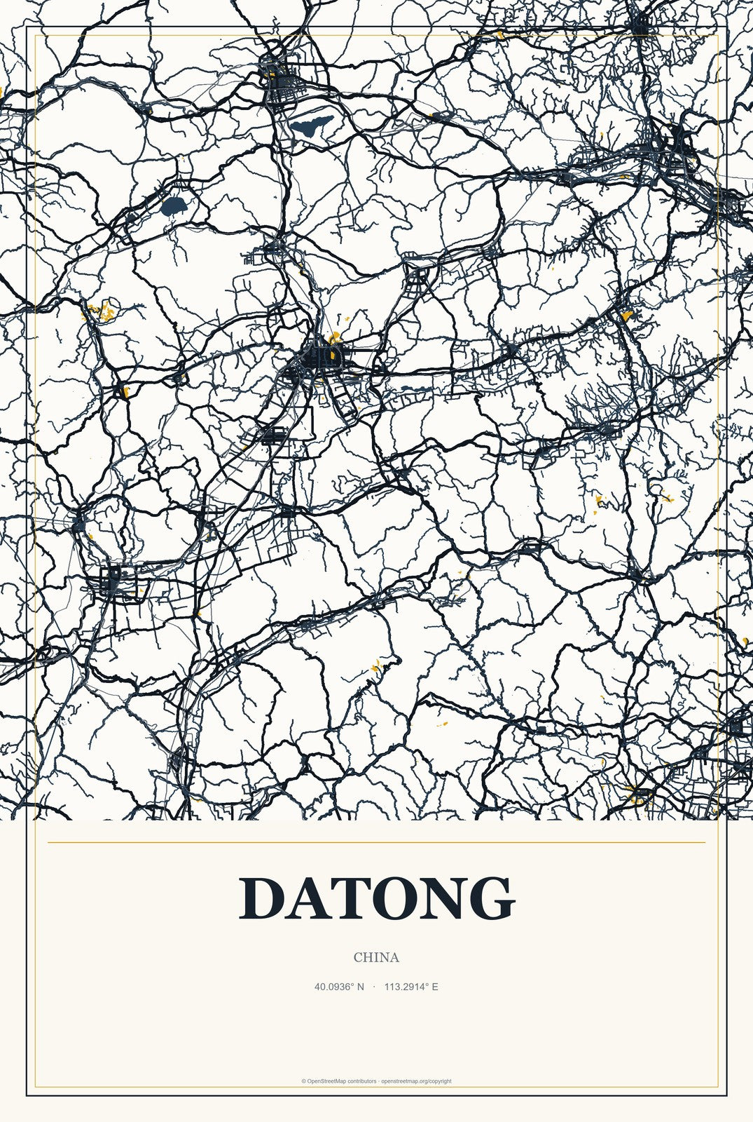 Datong, Chongqing, China City Map Aluminum Sign in Citrine Modern style