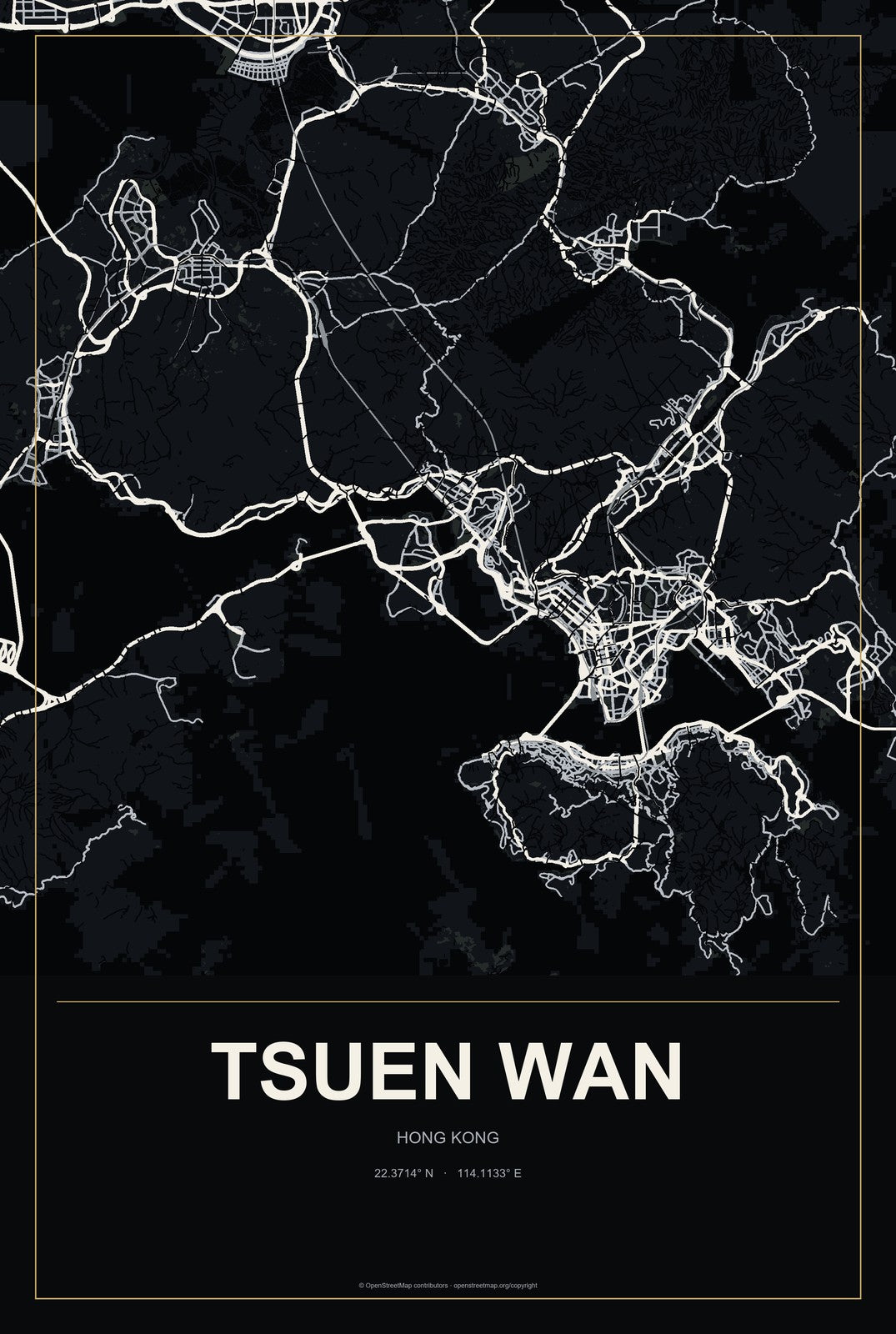 Tsuen Wan, Hong Kong City Map Aluminum Sign in Metropolitan Noir style